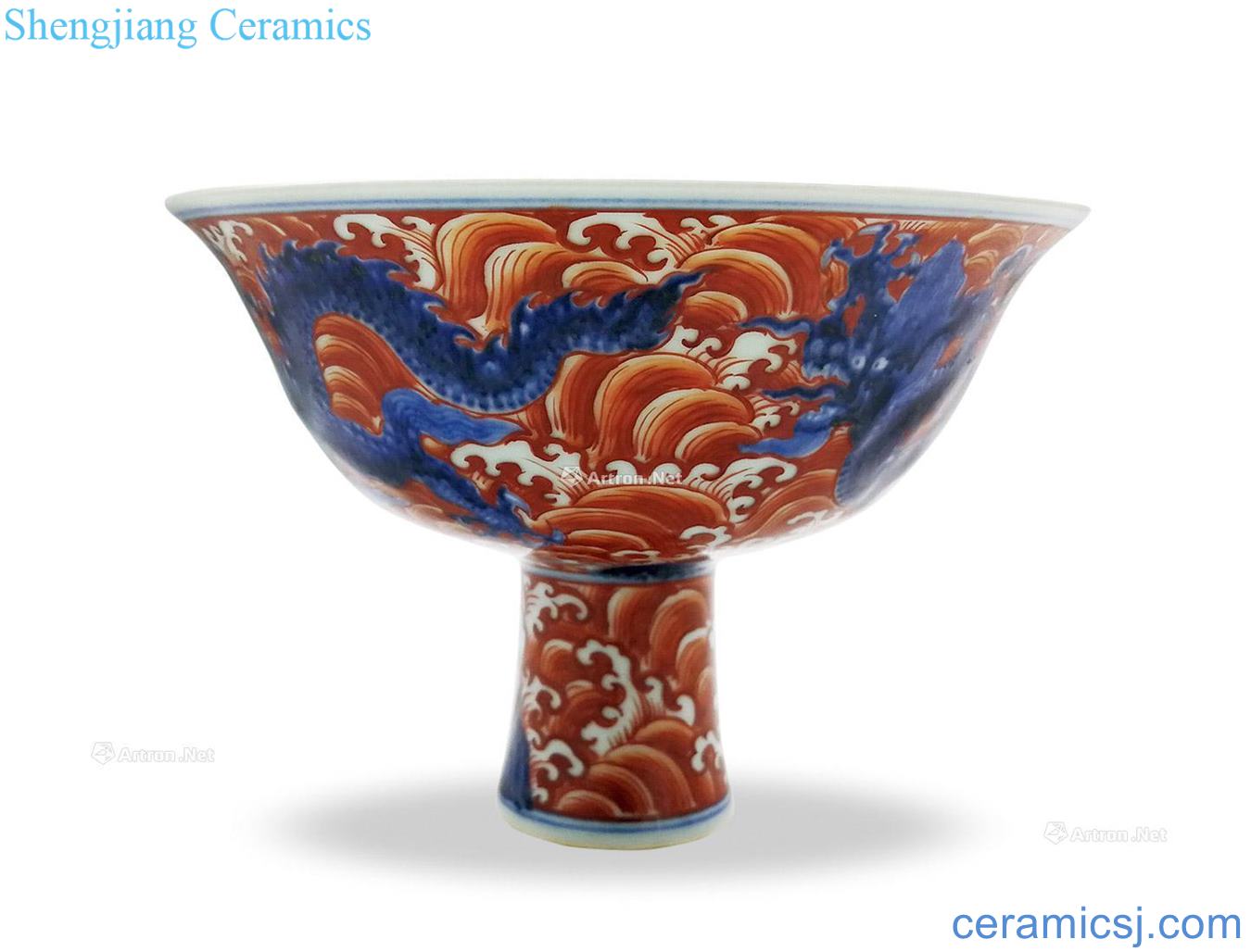 Ming Blue and white dragon red glaze footed cup