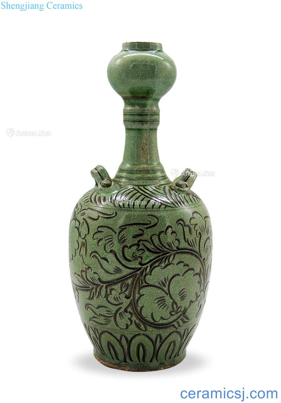 The yuan dynasty Green glaze hand-cut yuanyang garlic bottles