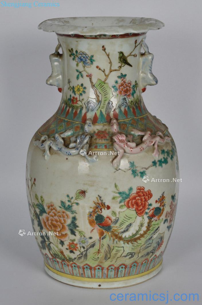 Qing dynasty vase with a pastel flowers birds and animals