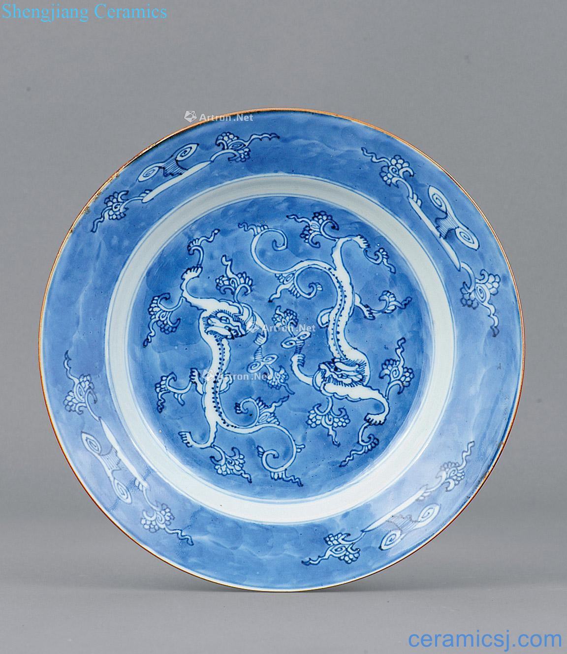 Qing dynasty Blue and white ssangyong tray