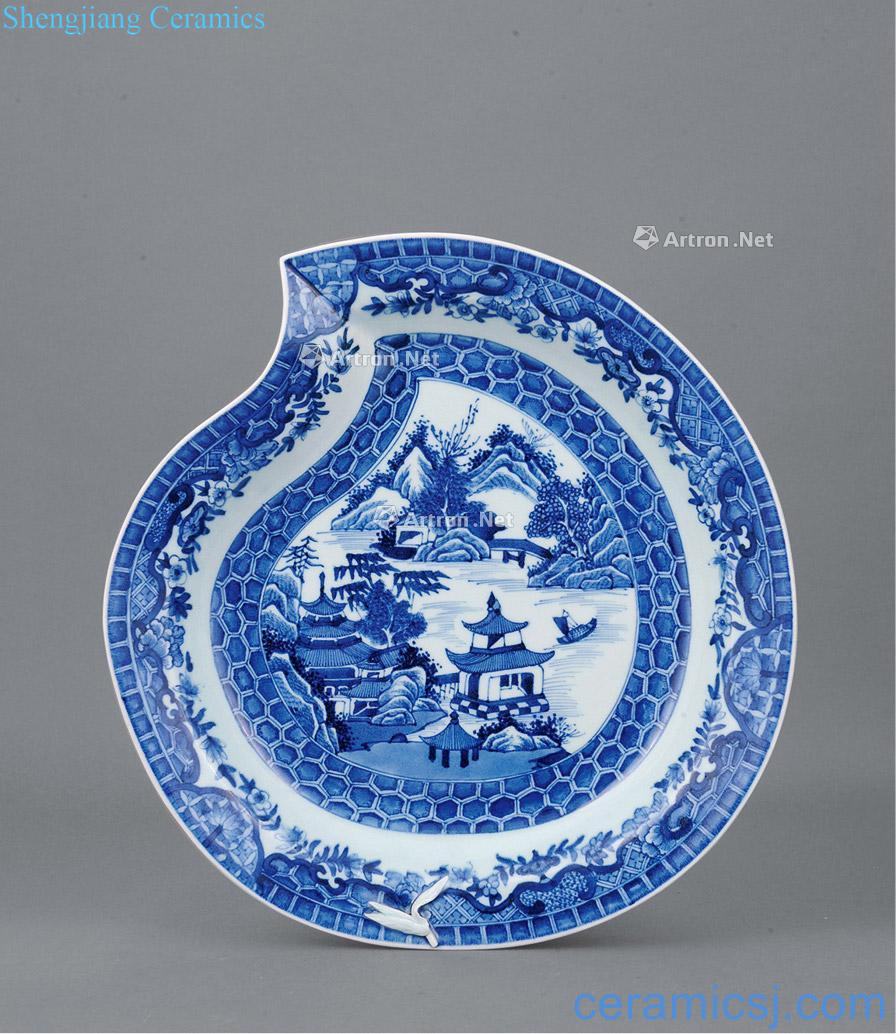 qing A castle in the blue and white landscape peach shape plate