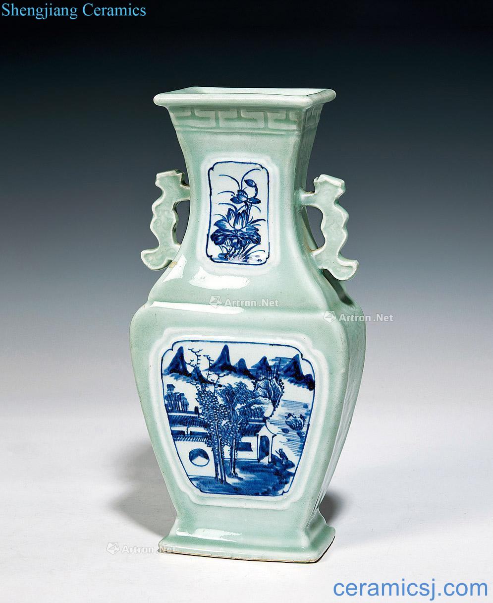 In the 19th century Blue and white landscape green glaze medallion grain double ears