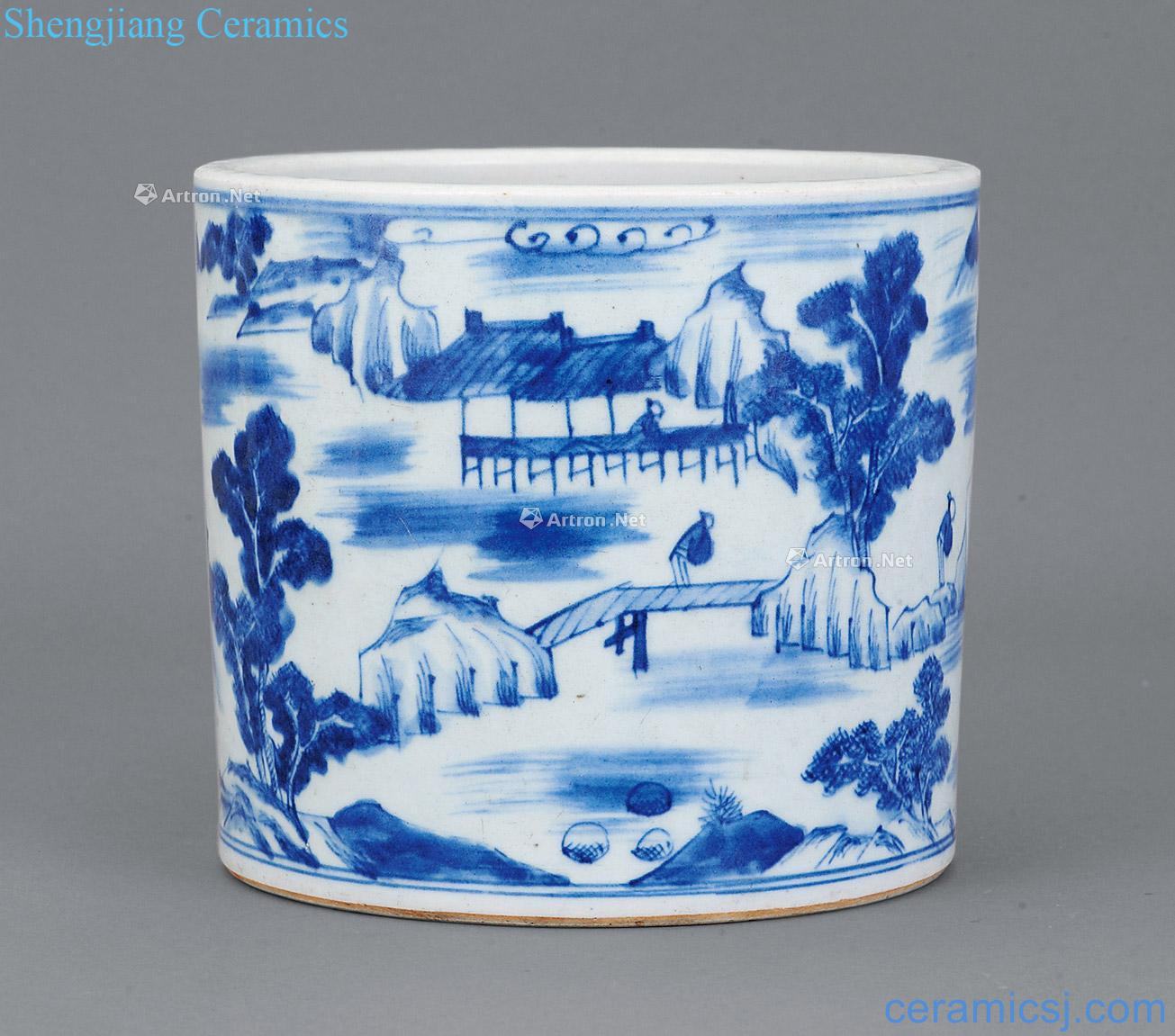 Qing qianlong Blue and white landscape character brush pot