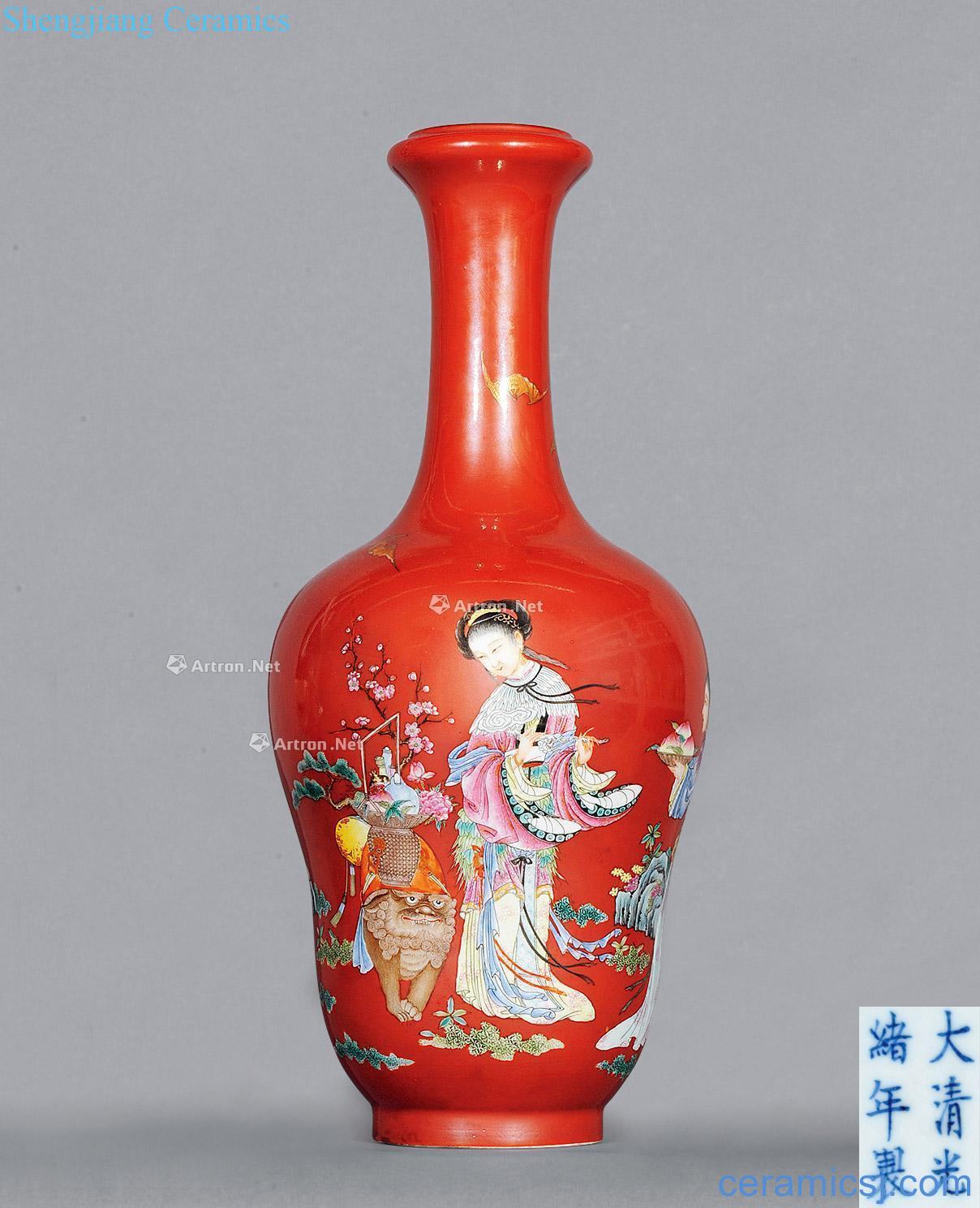 Qing guangxu Coral ground garlic powder enamel characters