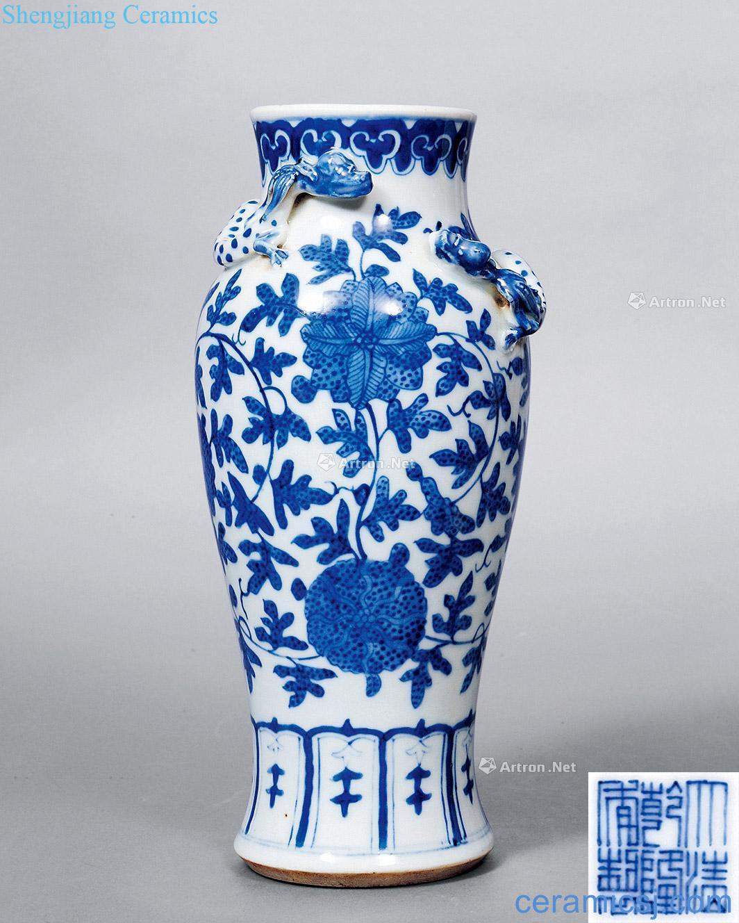 Qing dynasty blue and white lotus grain disc therefore flask