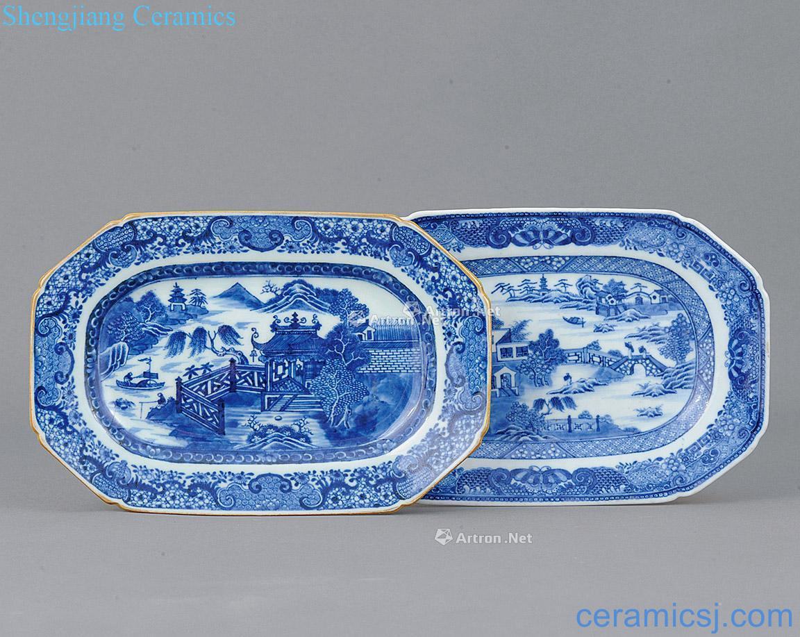 qing Blue and white landscape character set (2 pieces)