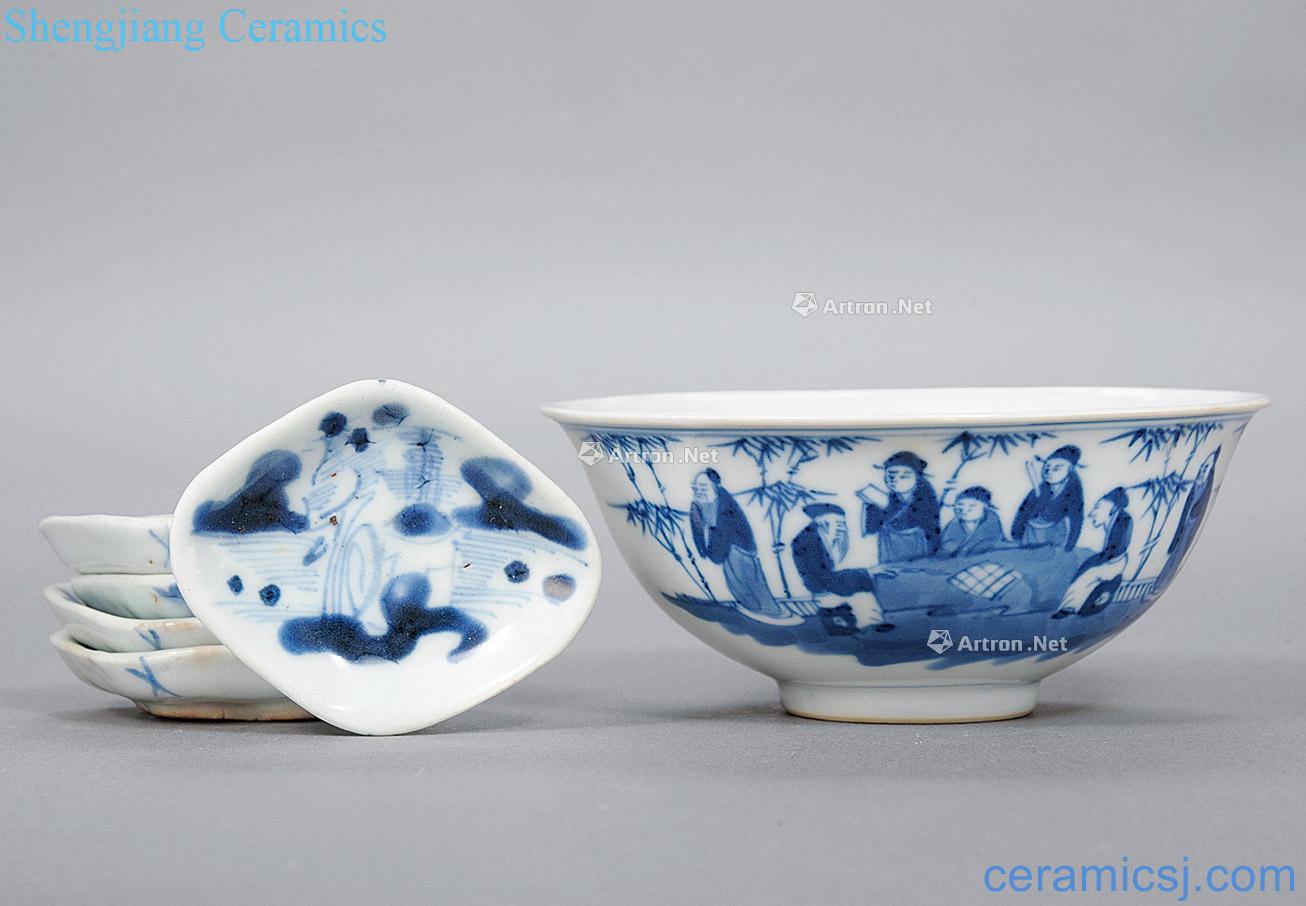 qing Blue and white bamboo seven sages bowl Even the landscape dab (six)