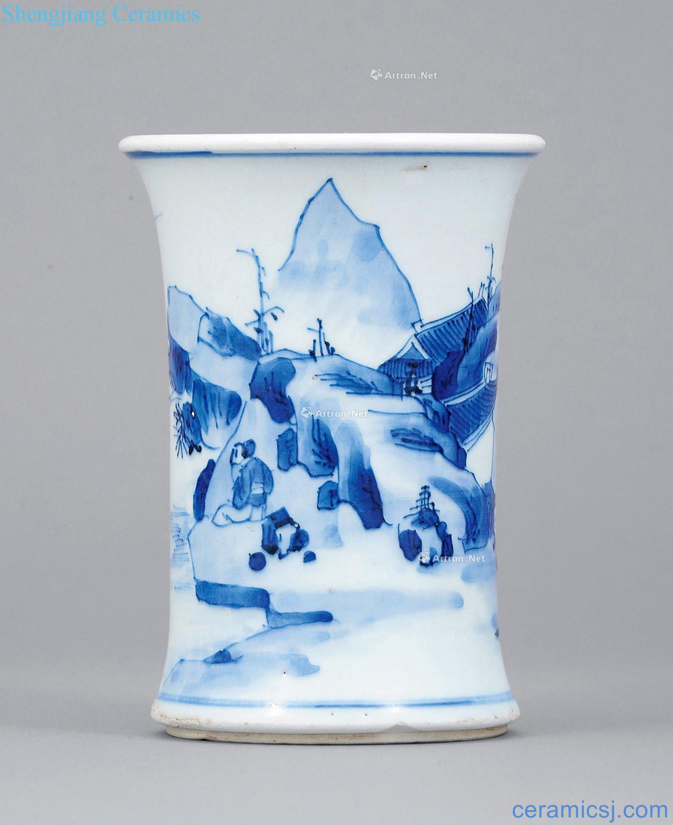 The qing emperor kangxi Blue and white landscape character brush pot