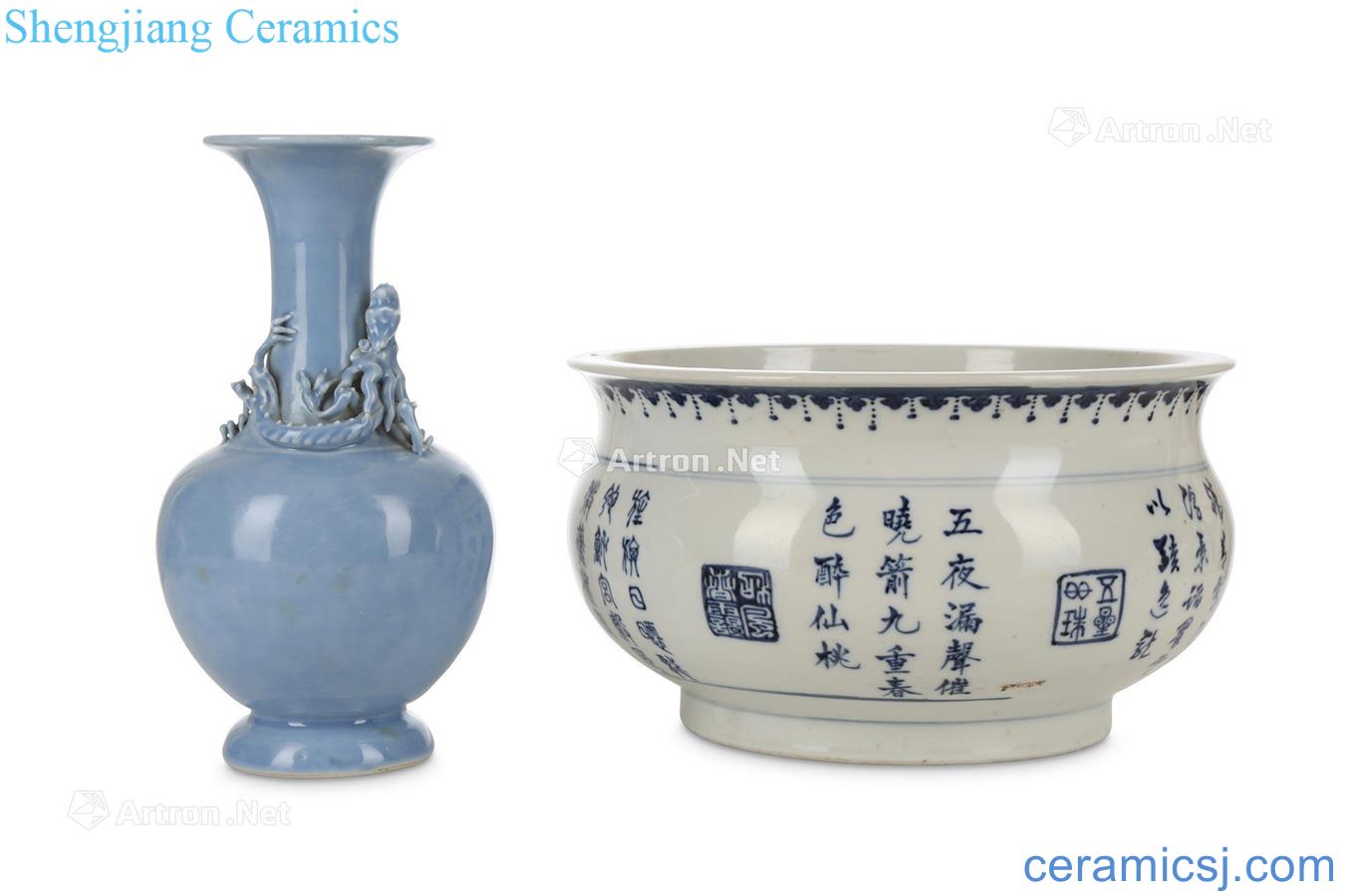Qing dynasty blue and white incense burner and the sky blue glaze relief therefore dragon bottle