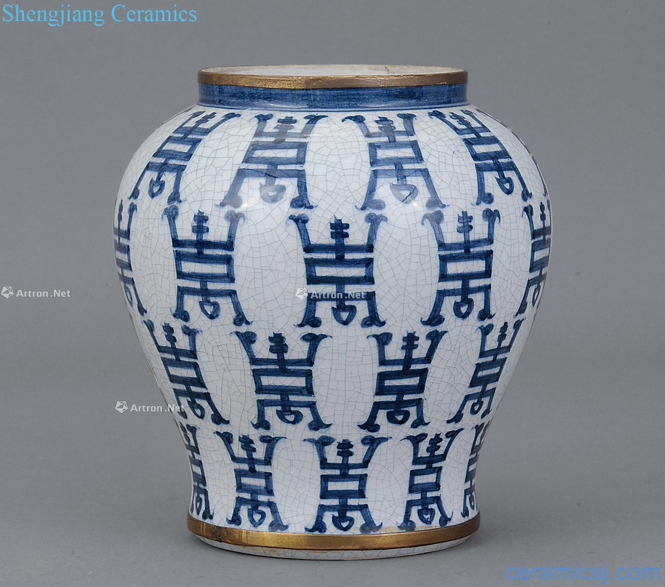 The qing emperor kangxi Blue and white copper edge life of word lines cans