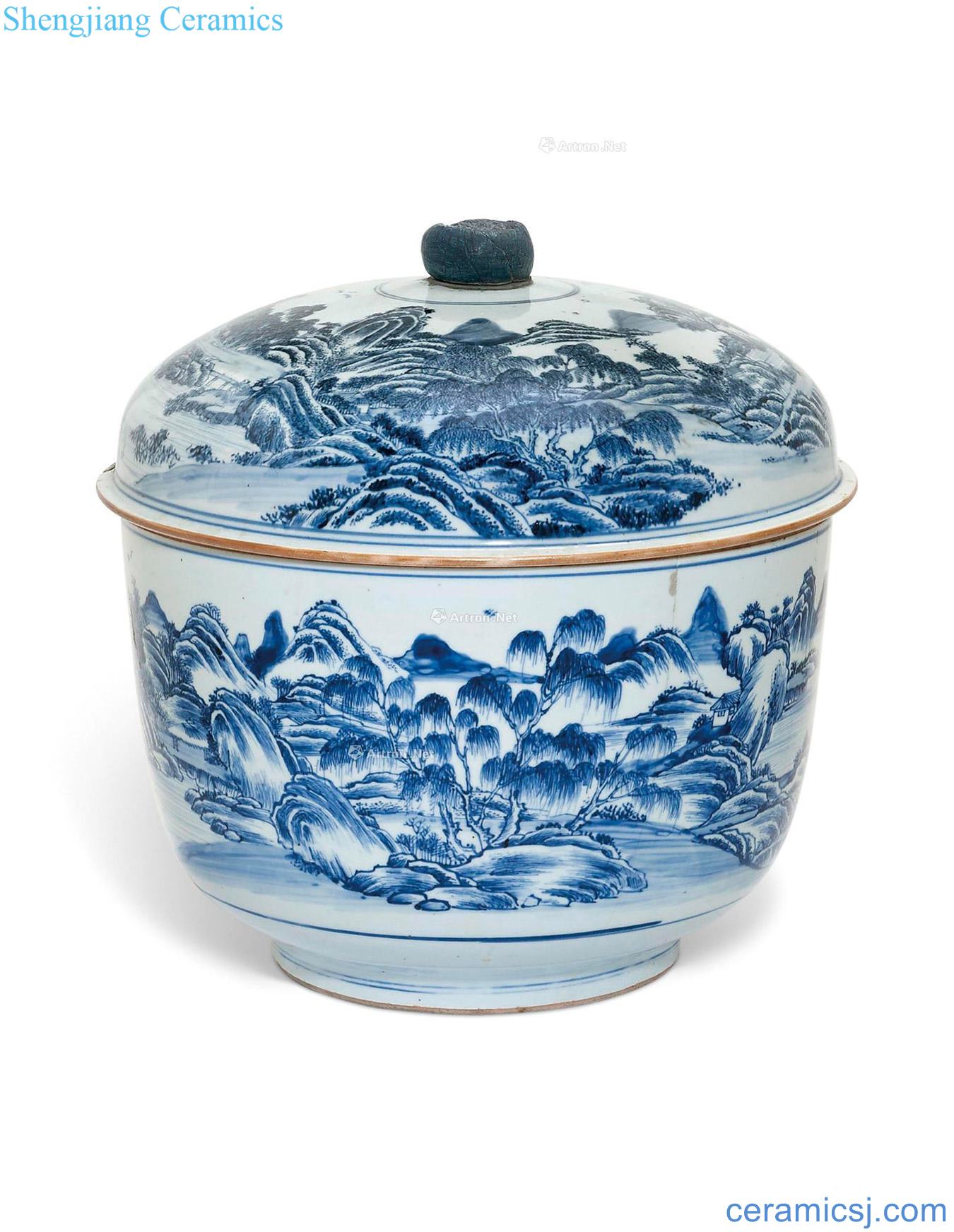 Qing qianlong Blue and white landscape character tougue cans