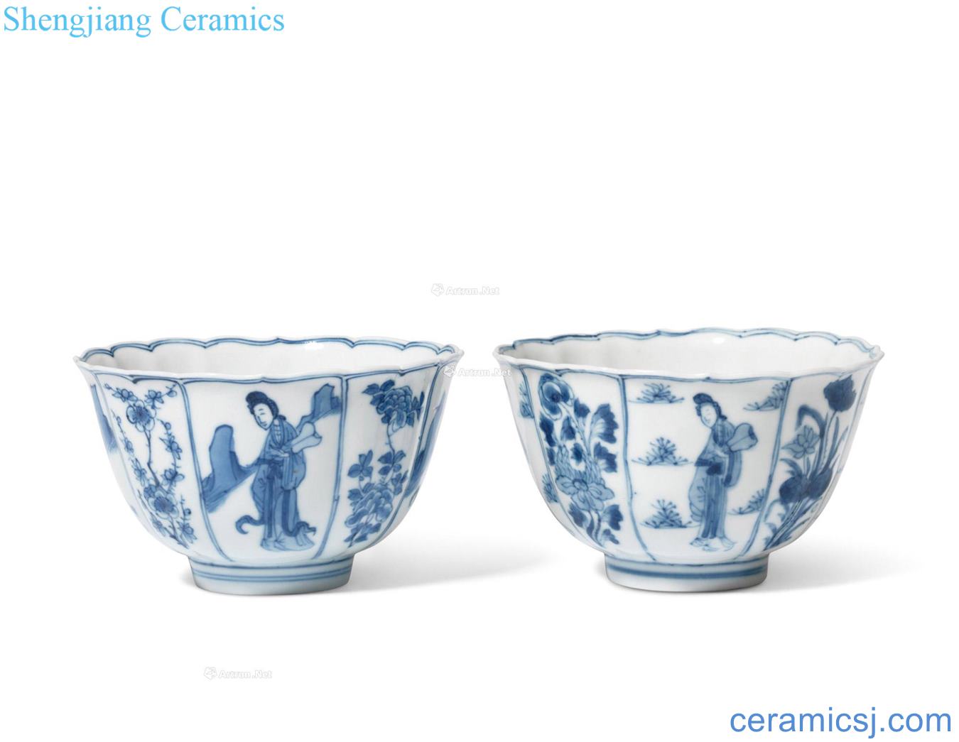 The qing emperor kangxi Blue and white lady floral print figure flower mouth bowl (a)