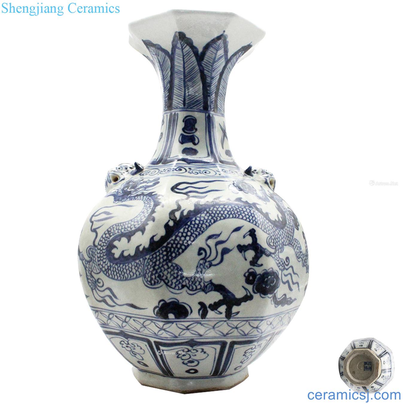 yuan Blue and white auspicious YunLongWen beast ear eight arrises bottle (luminous porcelain)