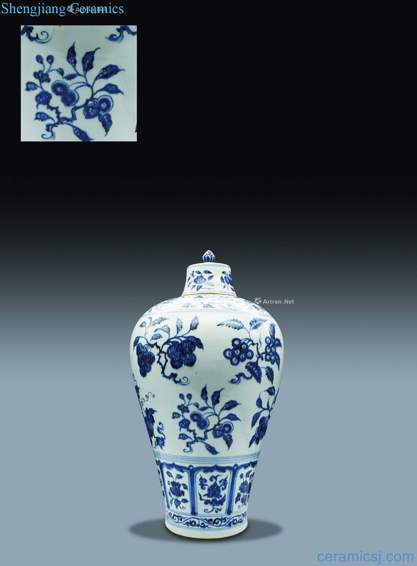 Blue and white ruffled branch flowers and grain mei bottle