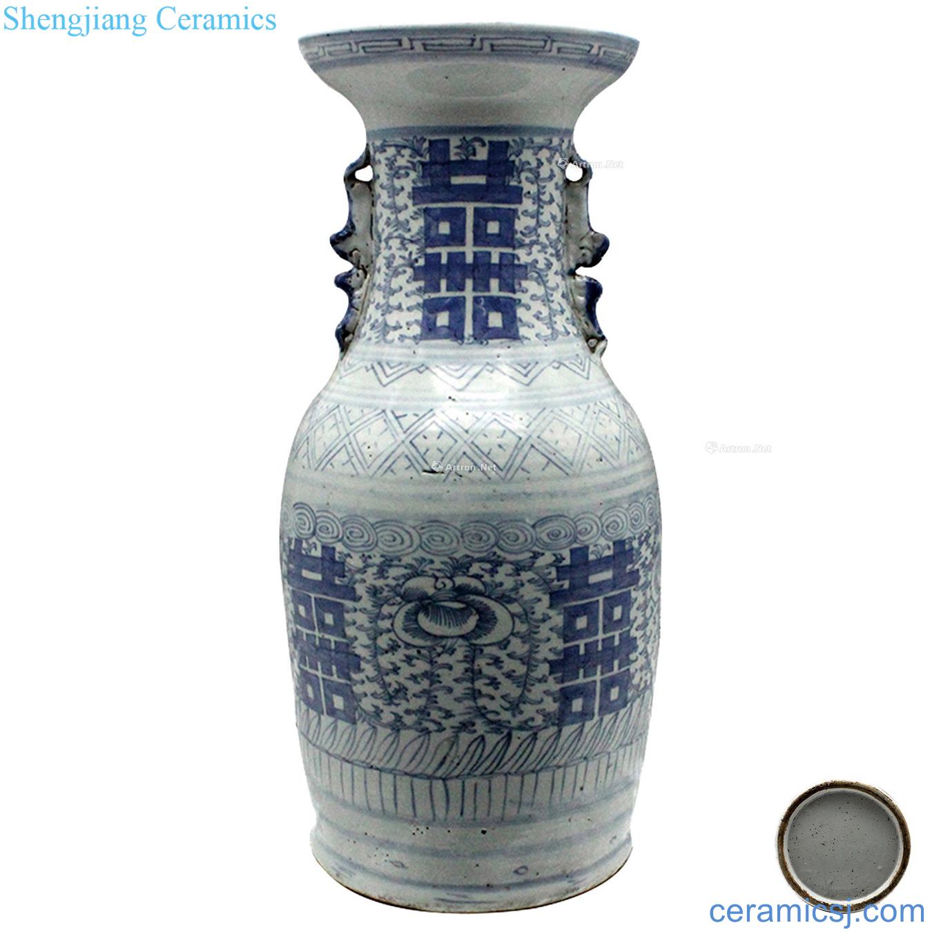 Qing dynasty blue and white ears dish buccal bottle various words