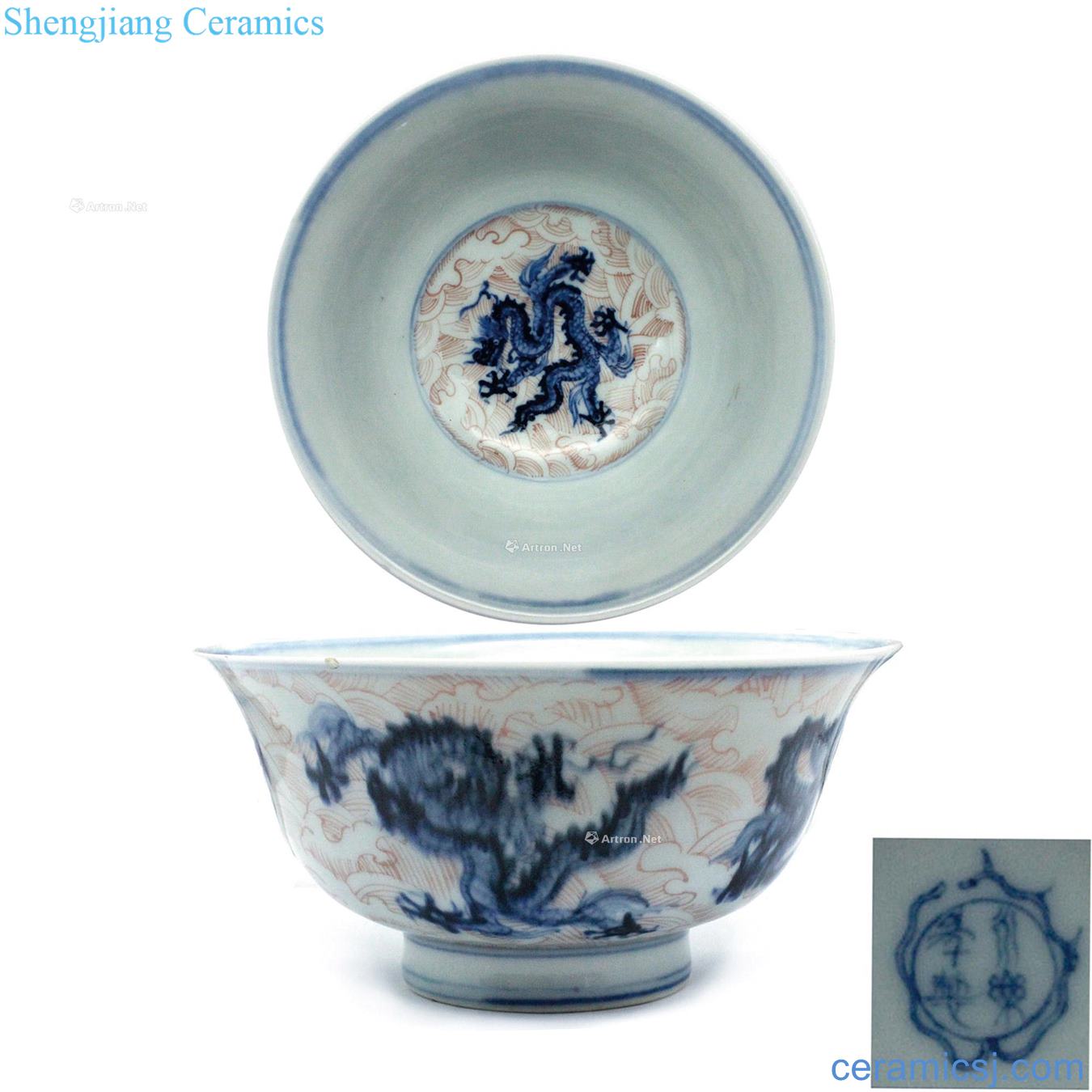 Qing dynasty blue-and-white youligong red dragon grain mouth bowl