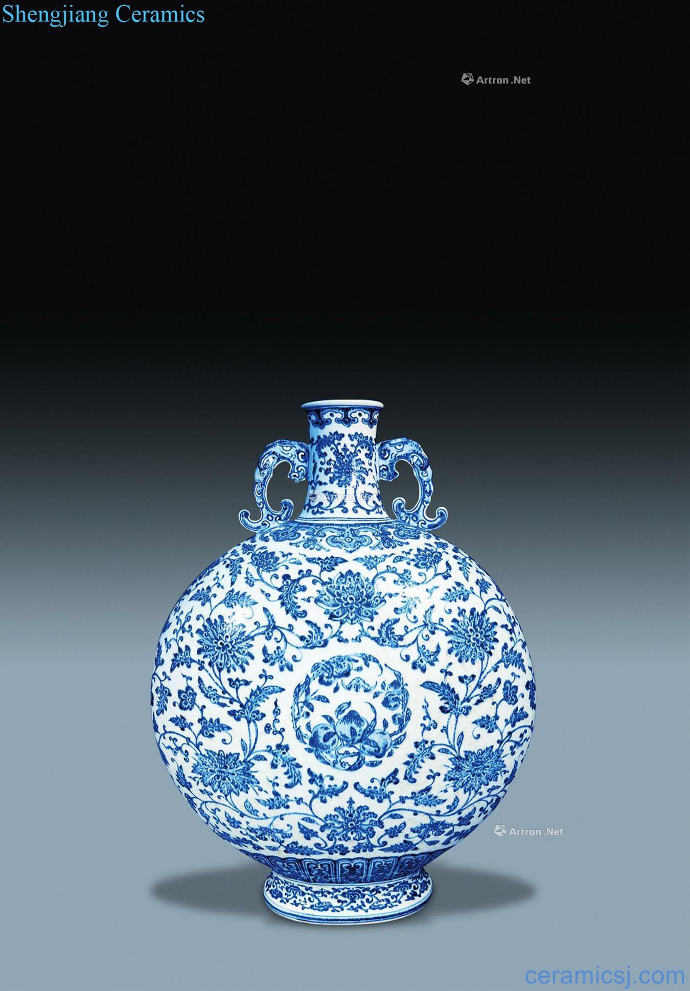 Qing qianlong Blue and white live flowers real talent ear on bottle