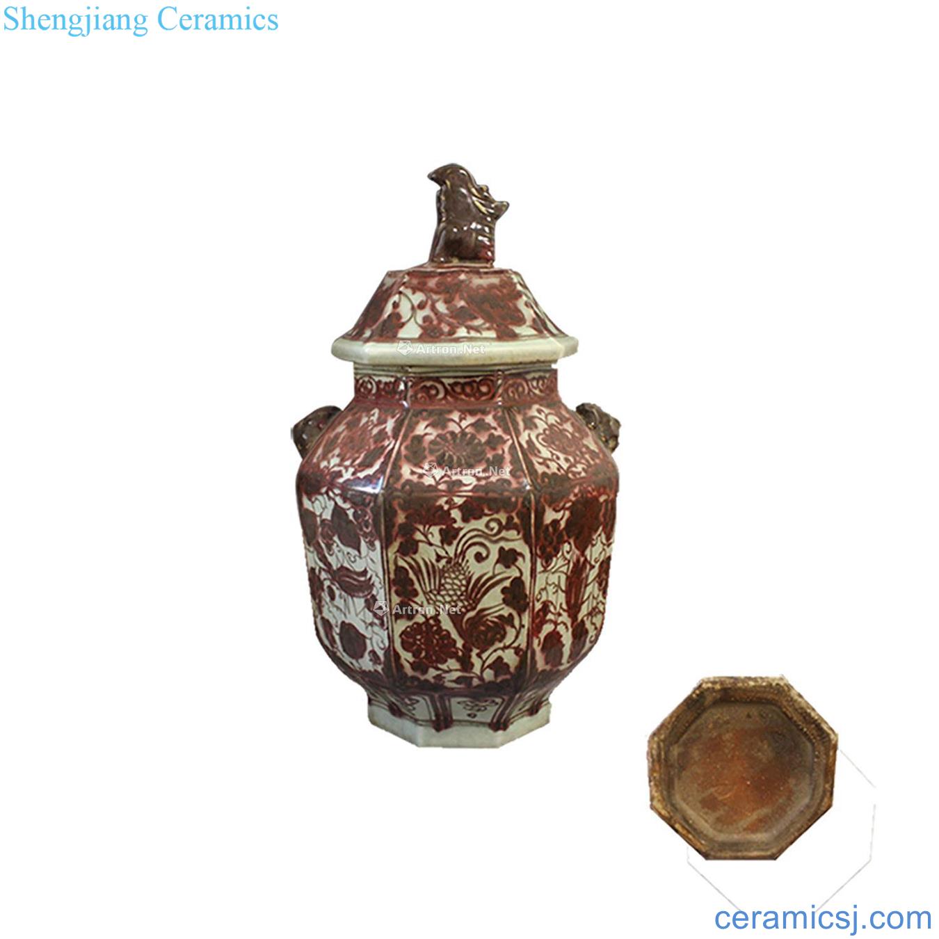 Youligong double beast ear in early Ming dynasty peony pattern eight arrises cover tank