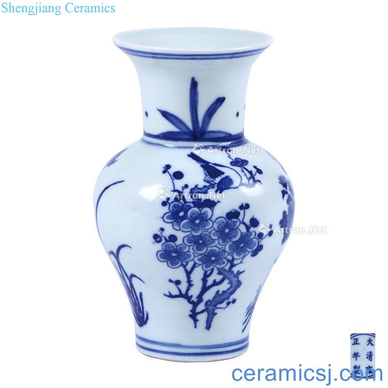 Beaming figure left blue and white mouth bottle