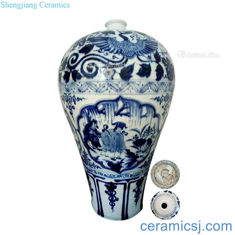 Four love figure mei yuan blue and white bottles