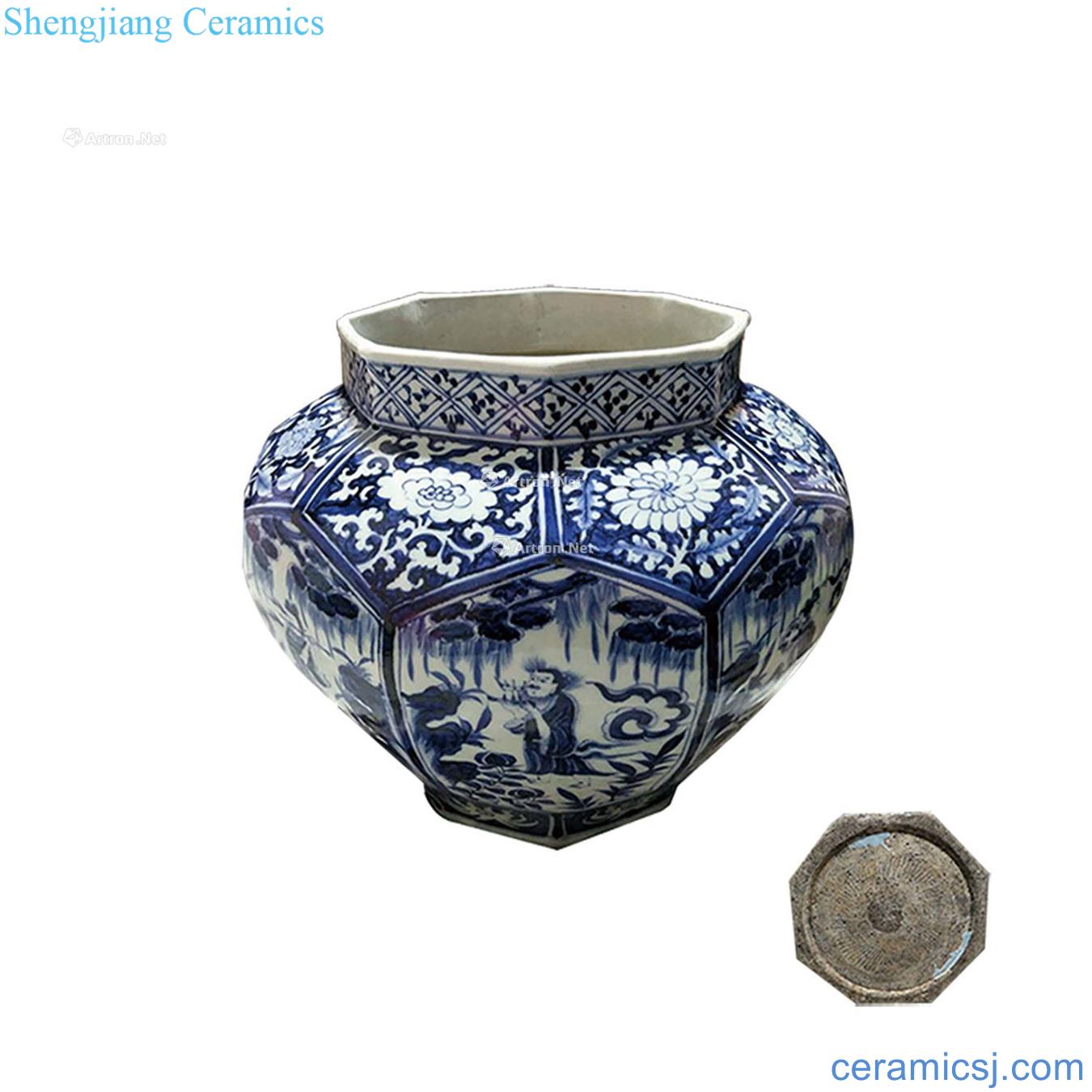 yuan Blue and white eight arrises medallion grain big pot