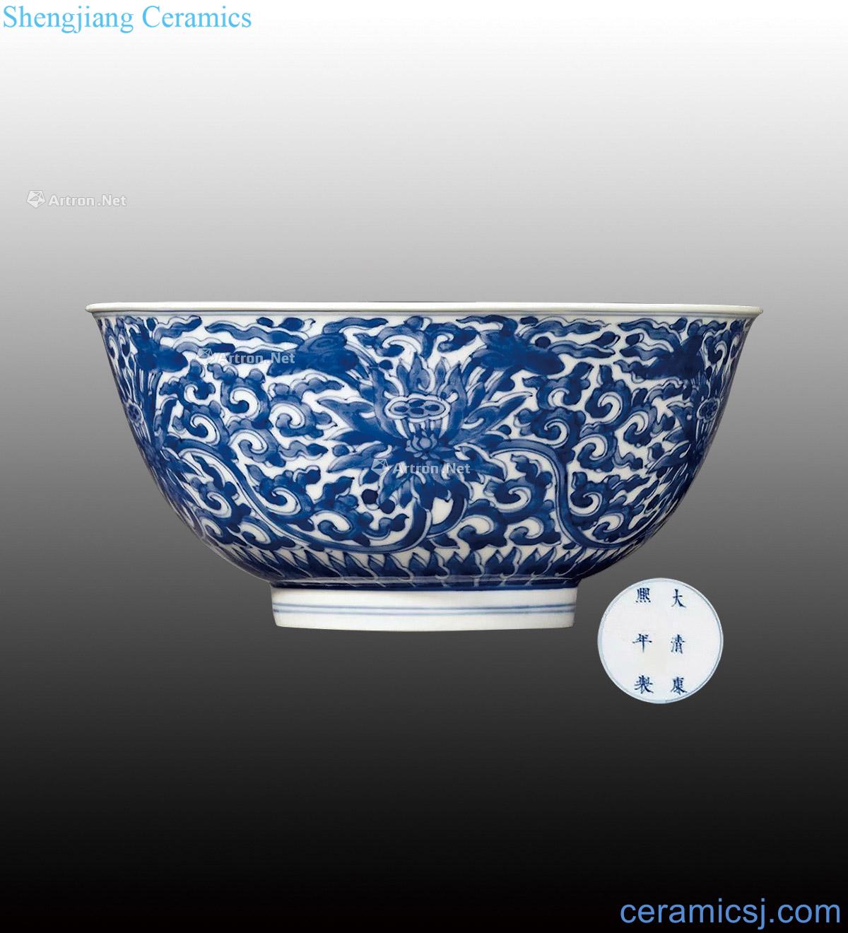 In the qing dynasty Blue and white tie up branch lotus green-splashed bowls (a)