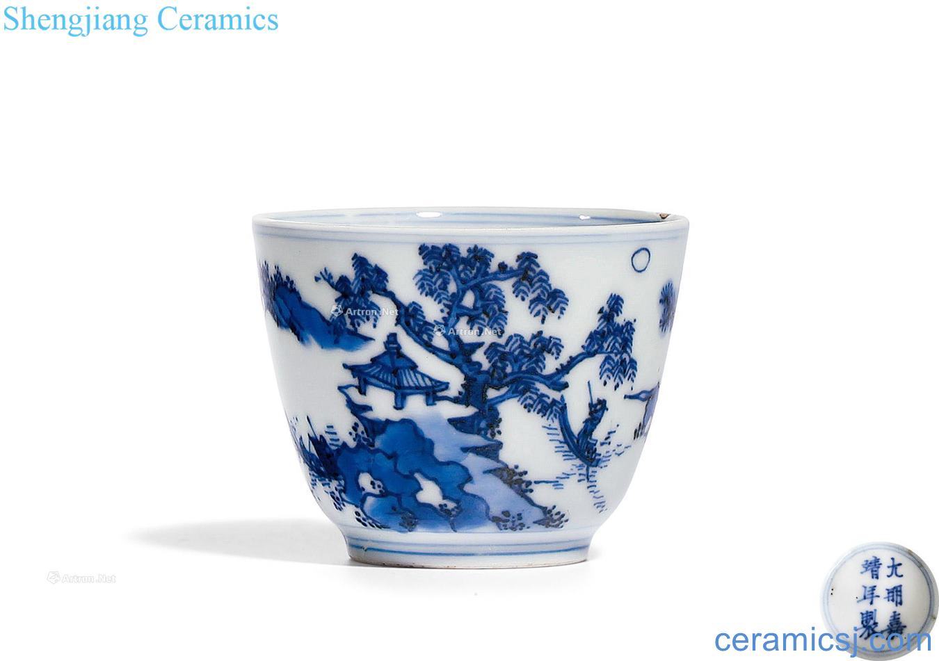qing Blue and white landscape character lines small cup