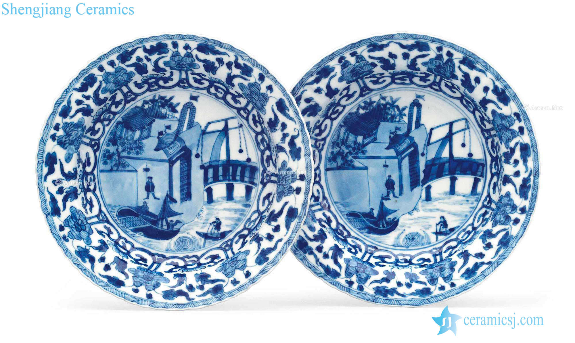 Kangxi period, 1662-1722 AN lead PAIR OF BLUE AND WHITE EUROPEAN SUBJECT DEEP DISHES