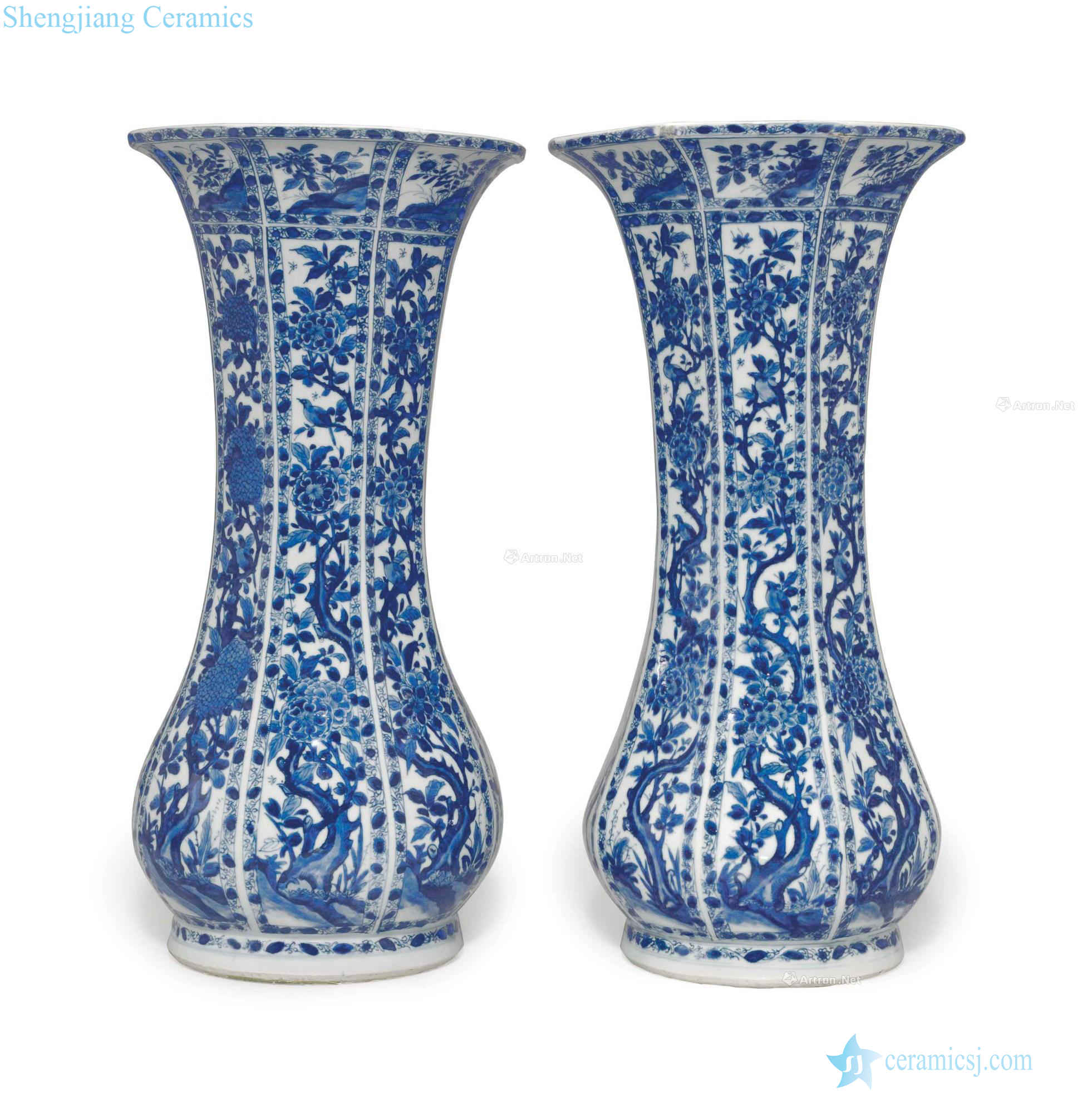 Kangxi period, 1662-1722, A LARGE PAIR OF BLUE AND WHITE OCTAGONAL BEAKER VASES