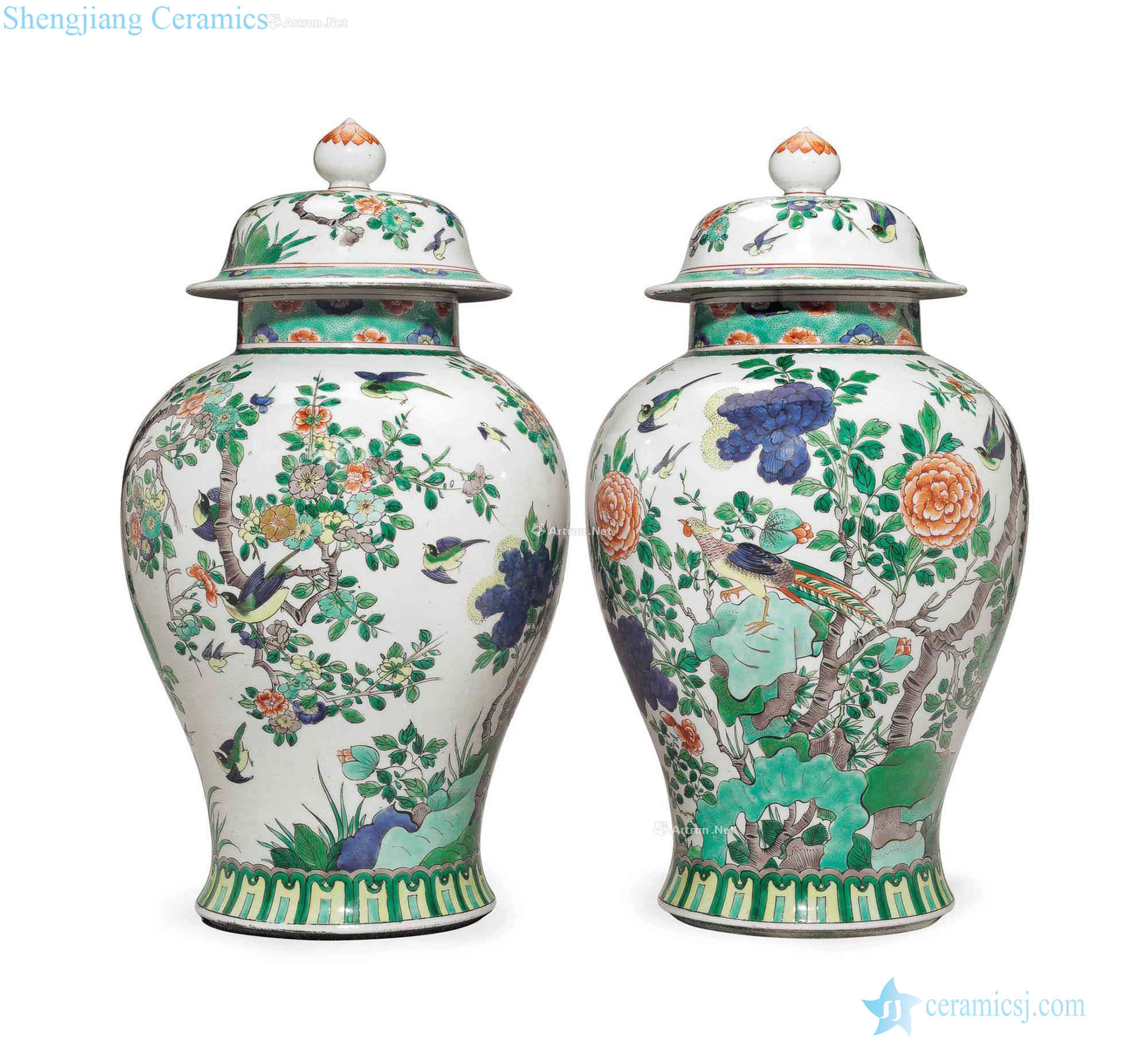 In the late 19th century early 20th century A PAIR OF SAMSON FAMILLE VERTE BALUSTER JARS AND COVERS