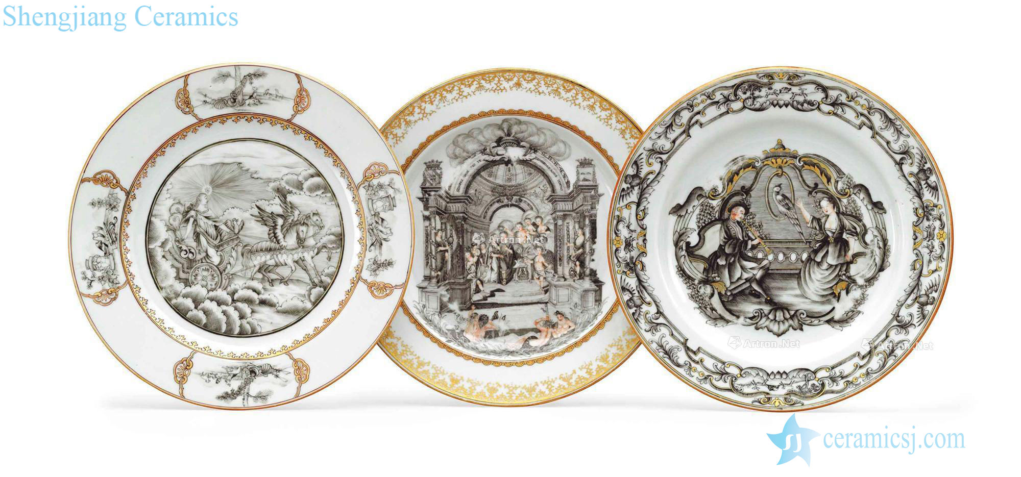 Qianlong period, 1735-96 THREE GRISAILLE AND GILT EUROPEAN SUBJECT PLATES