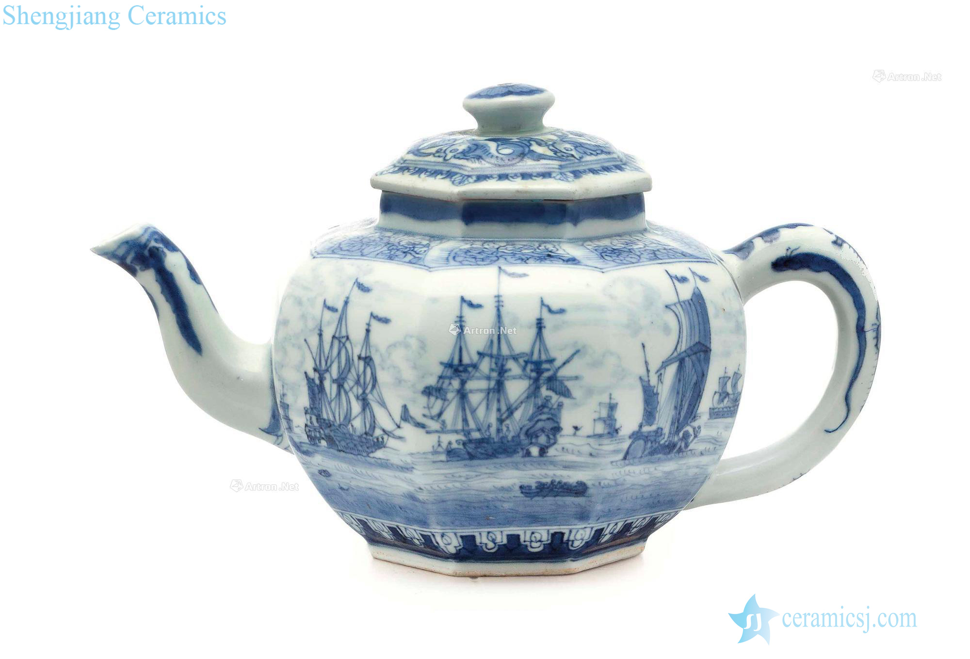 About 1700, A VERY RARE JAPANESE ARITA BLUE AND WHITE EUROPEAN SUBJECT TEAPOT AND COVER