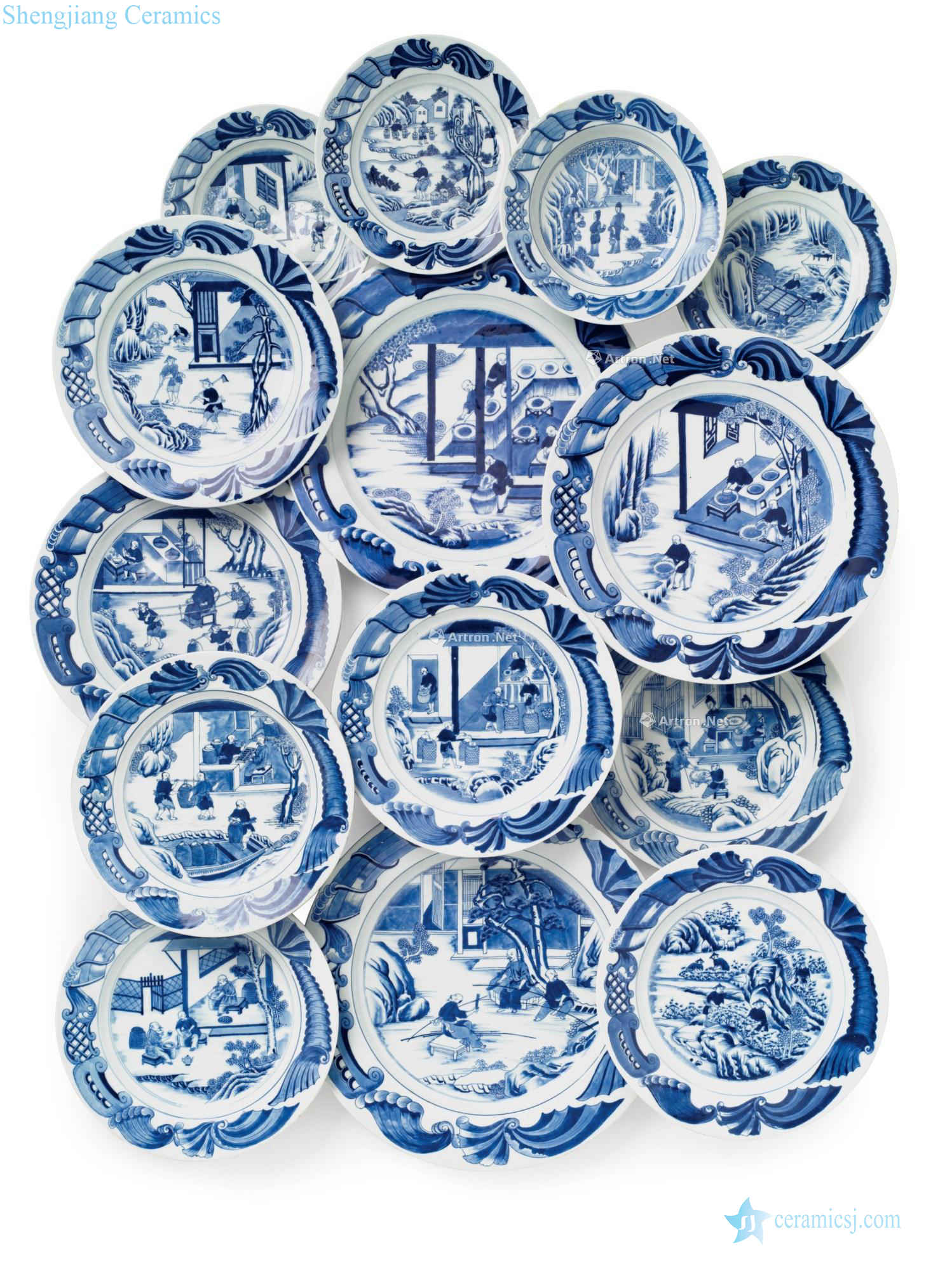 Qianlong period, about 1750, A VERY RARE SET OF BLUE AND WHITE 'TEA CULTIVATION' DISHES