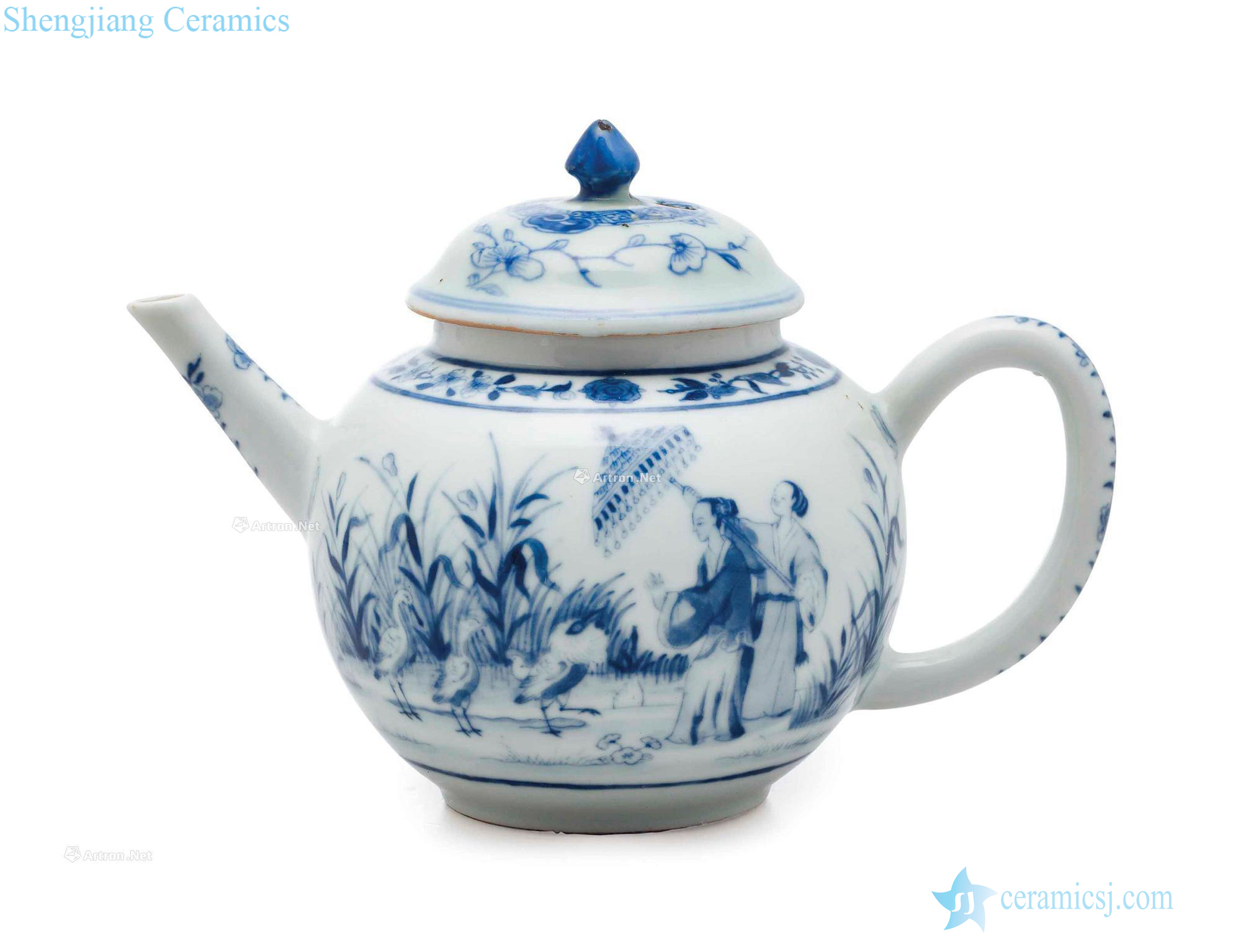 Qianlong period, about 1736-38 A RARE BLUE AND WHITE "LA DAME AU PARASOL TEAPOT AND COVER