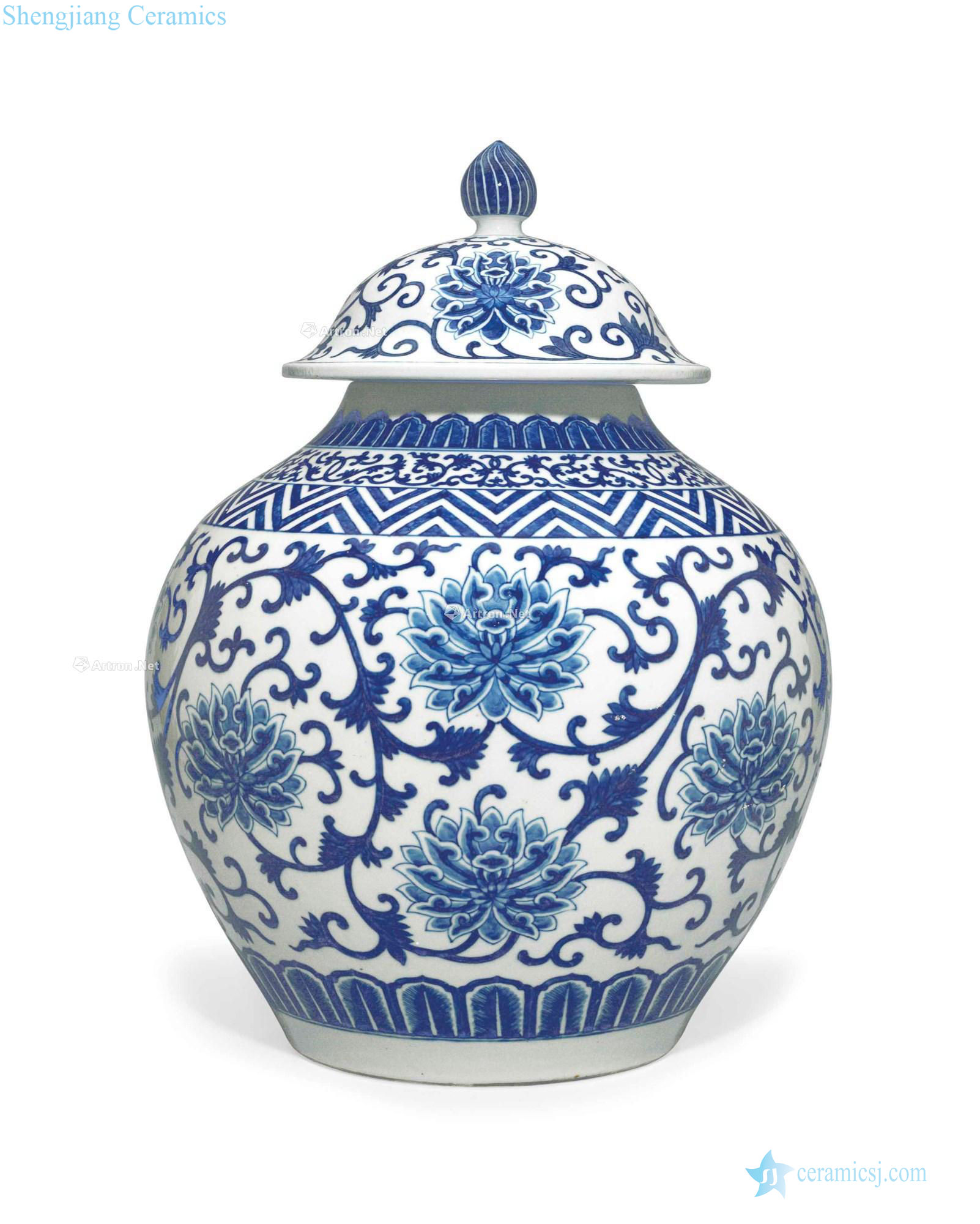 In the qing dynasty, in the 19th century A LARGE BLUE AND WHITE GLOBULAR LOTUS JAR AND A COVER