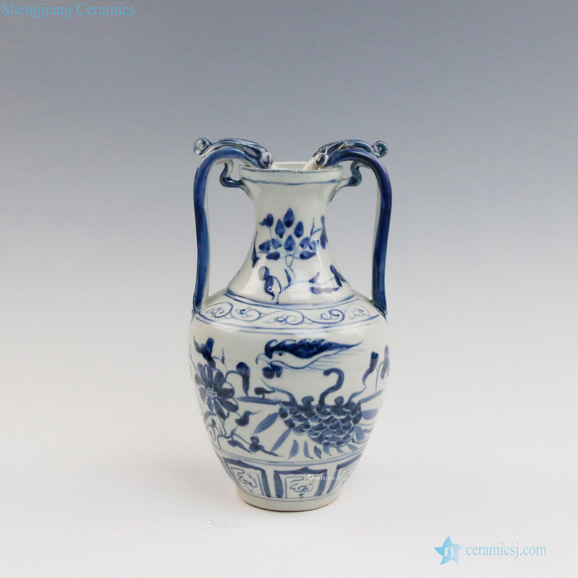 yuan Blue and white ssangyong dish buccal bottle