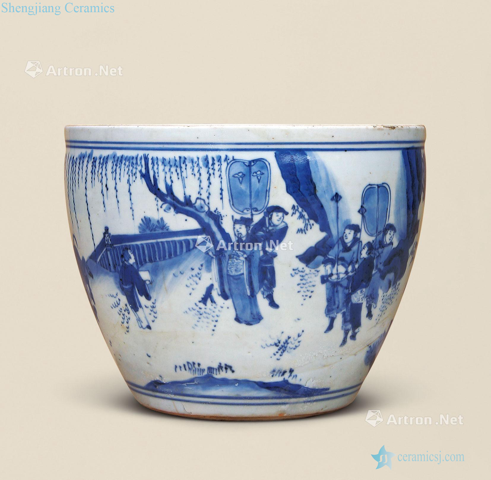 Ming chongzhen Blue and white Wen Wangfang xian in cylinder