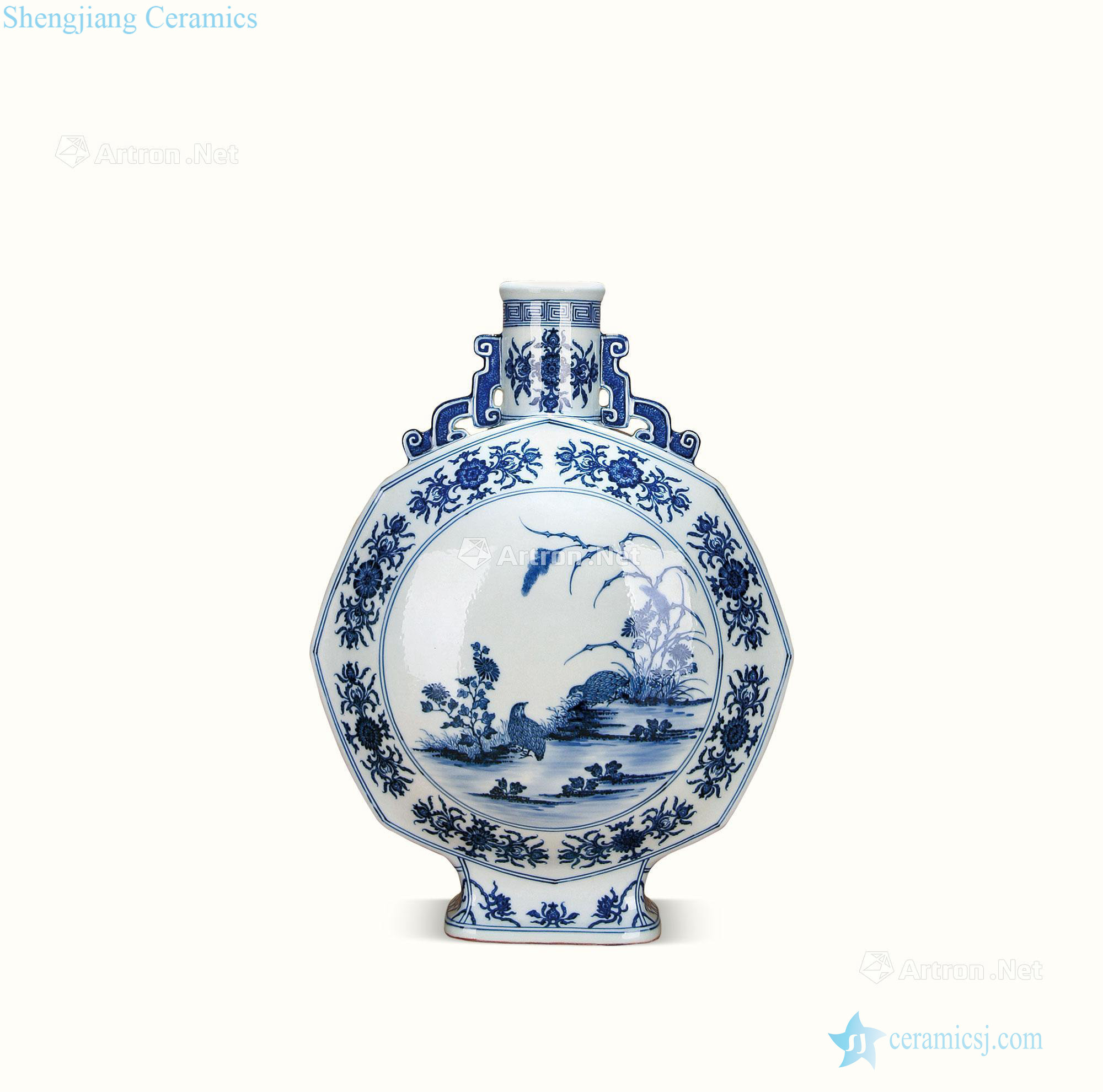 Qing dynasty blue and white to live and work in peace and contentment on flat bottles