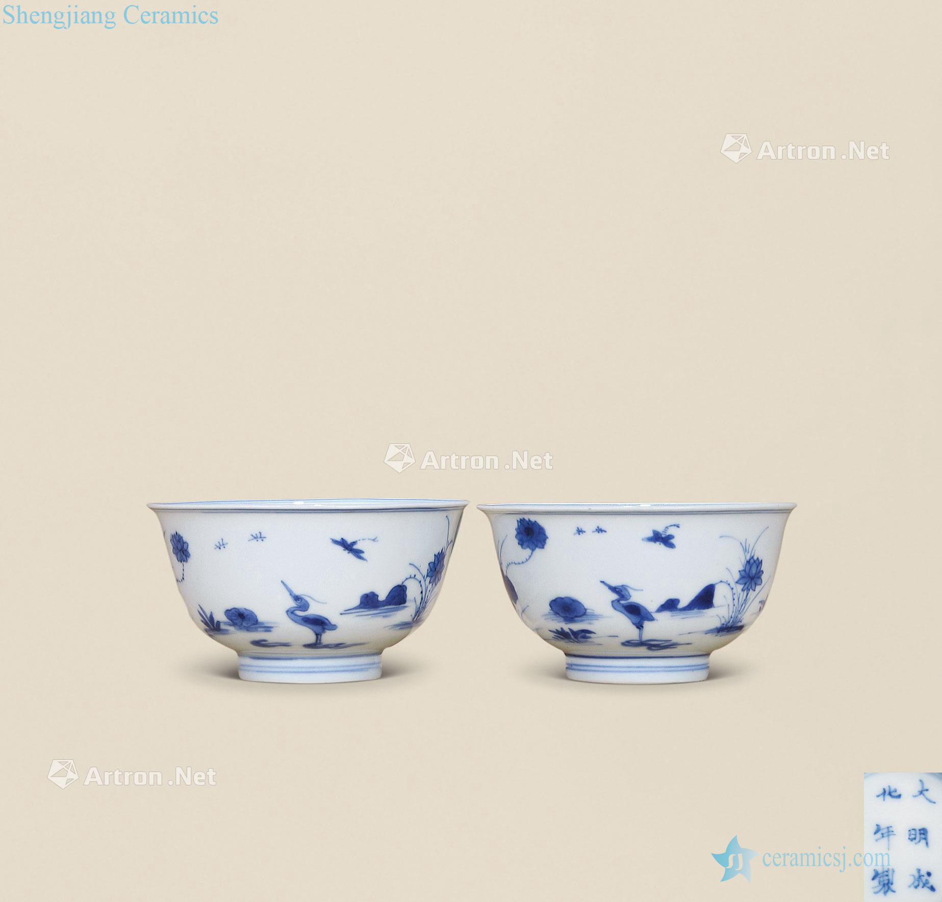 Blue and white lotus pond crane green-splashed bowls of the reign of emperor kangxi (a)