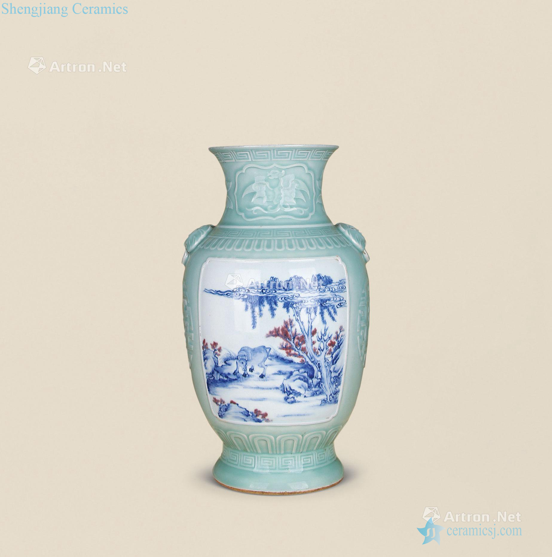 Qing pea green to blue and white double ears youligong landscape characters