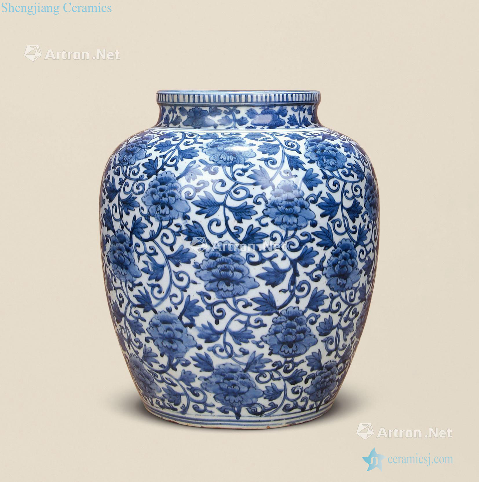 Ming wanli Blue and white tie up flower grain tank