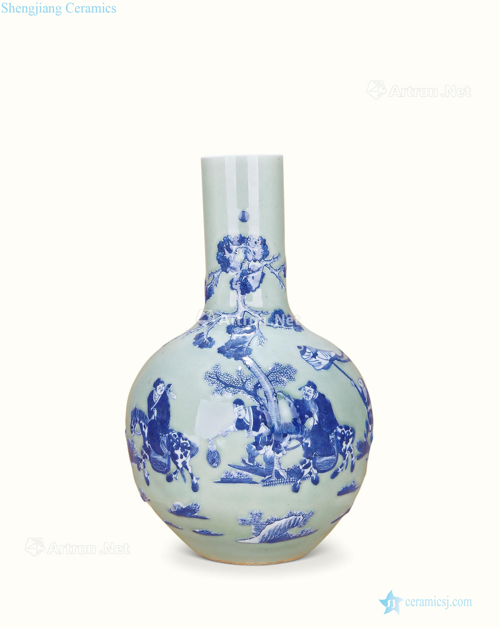 Qing pea green to blue and white figure figure tree