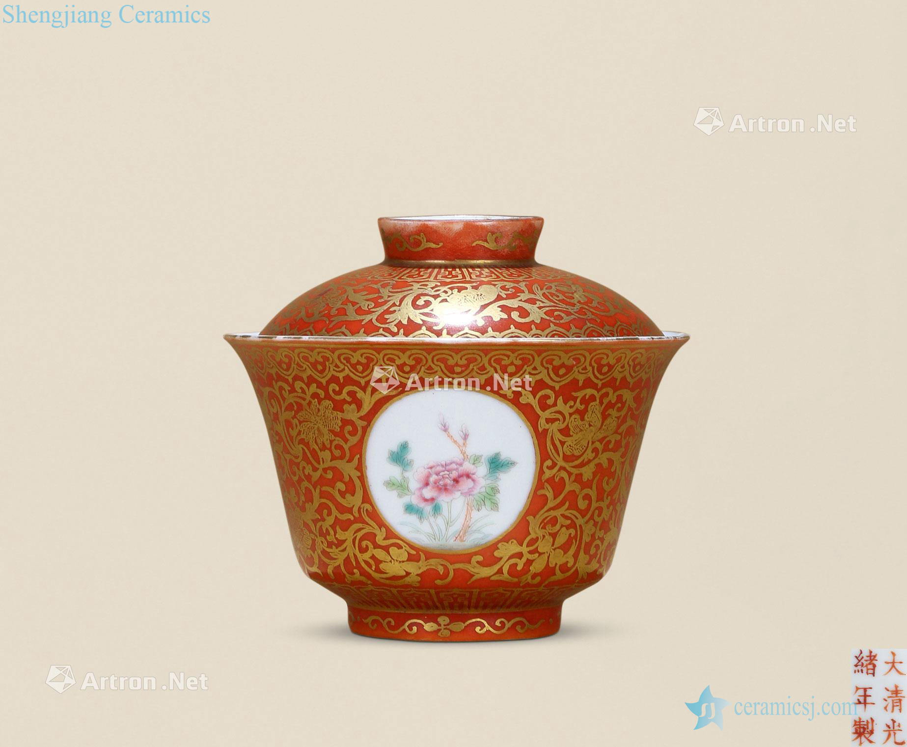 Qing guangxu Coral red paint pastel flowers tureen