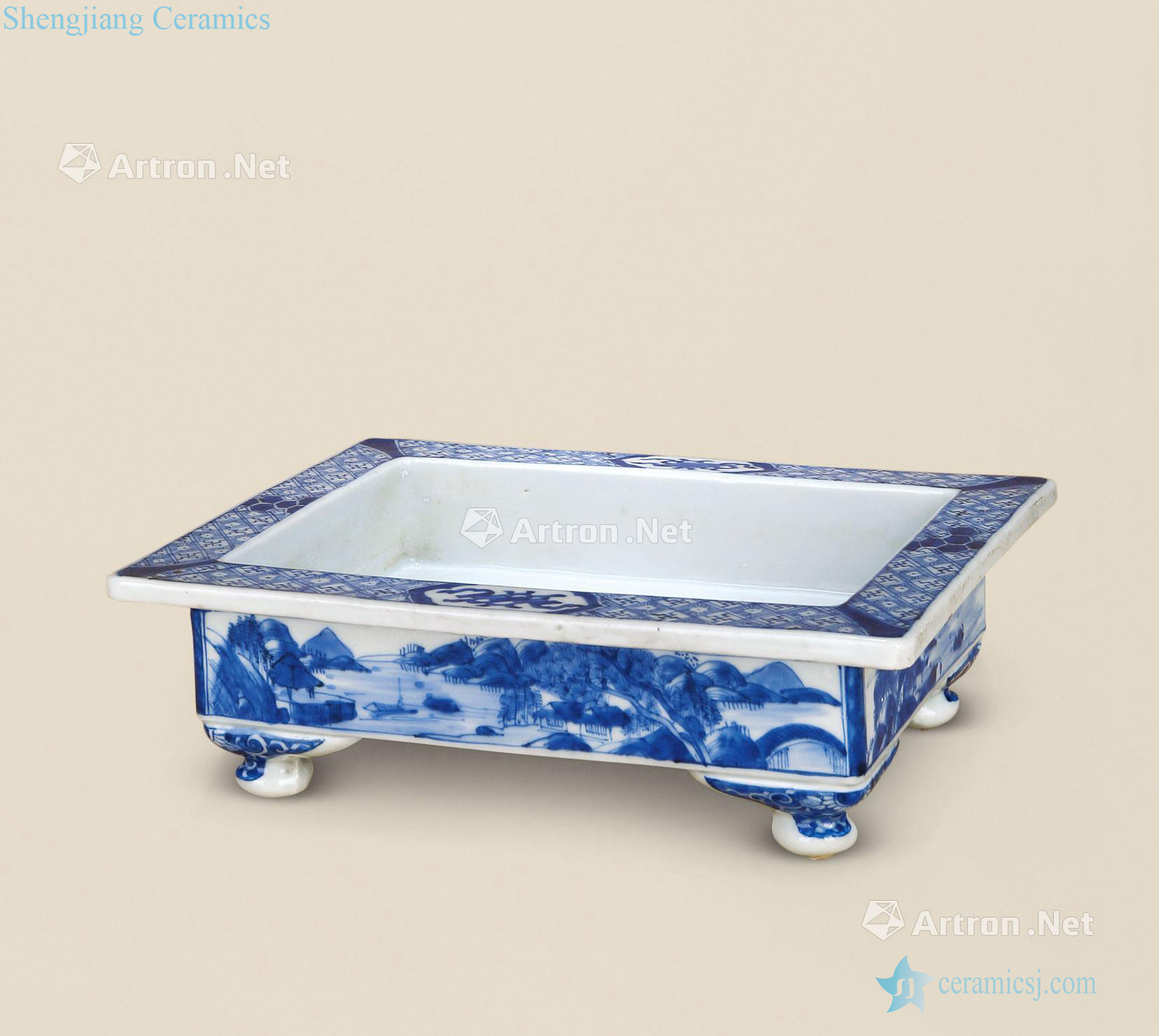 The qing emperor kangxi Blue and white landscape character narcissus basin