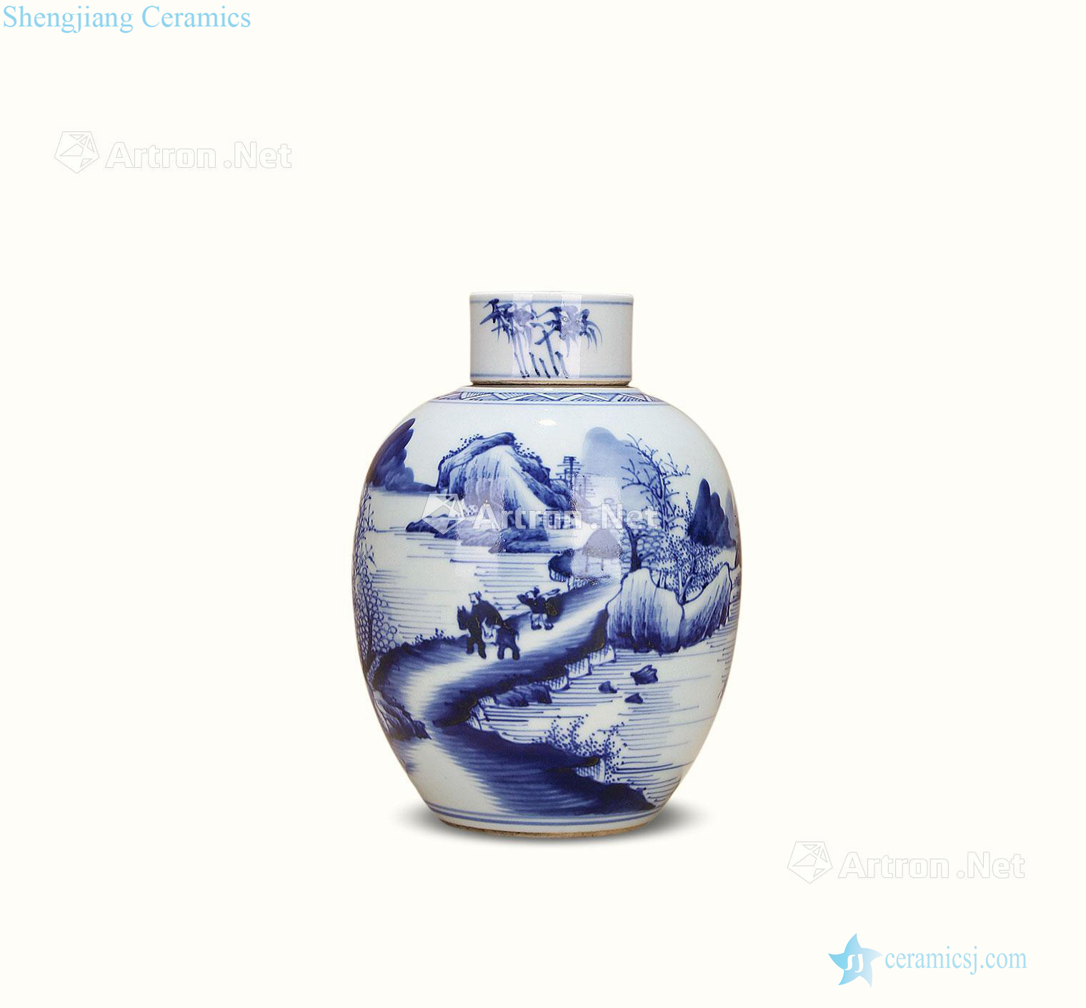 Qing qianlong Blue and white landscape character figure cans