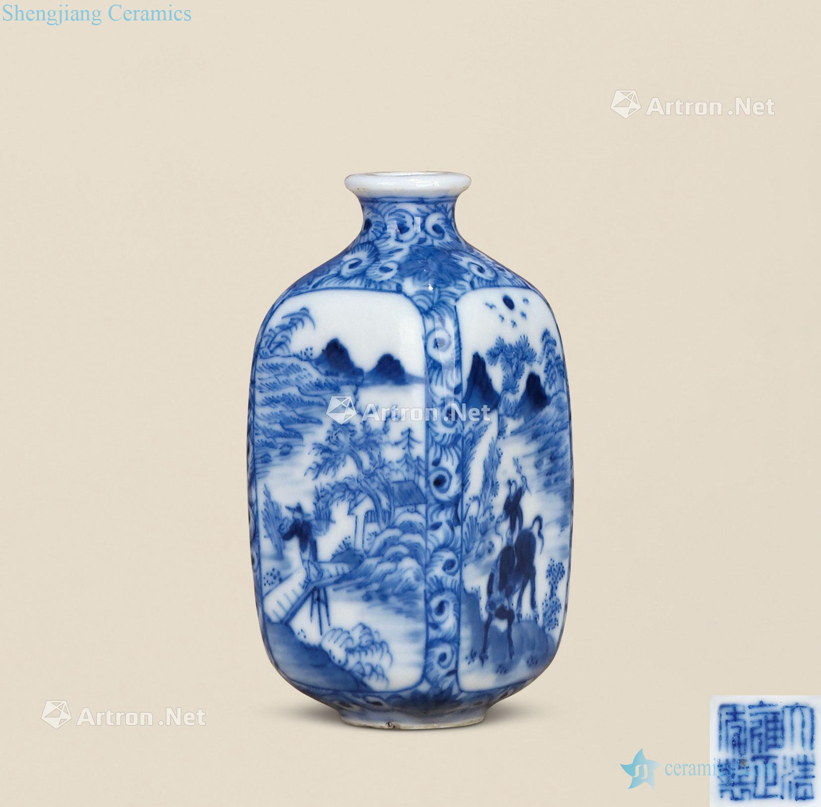 In late qing dynasty Blue and white the fishing qiao geng read small bottle