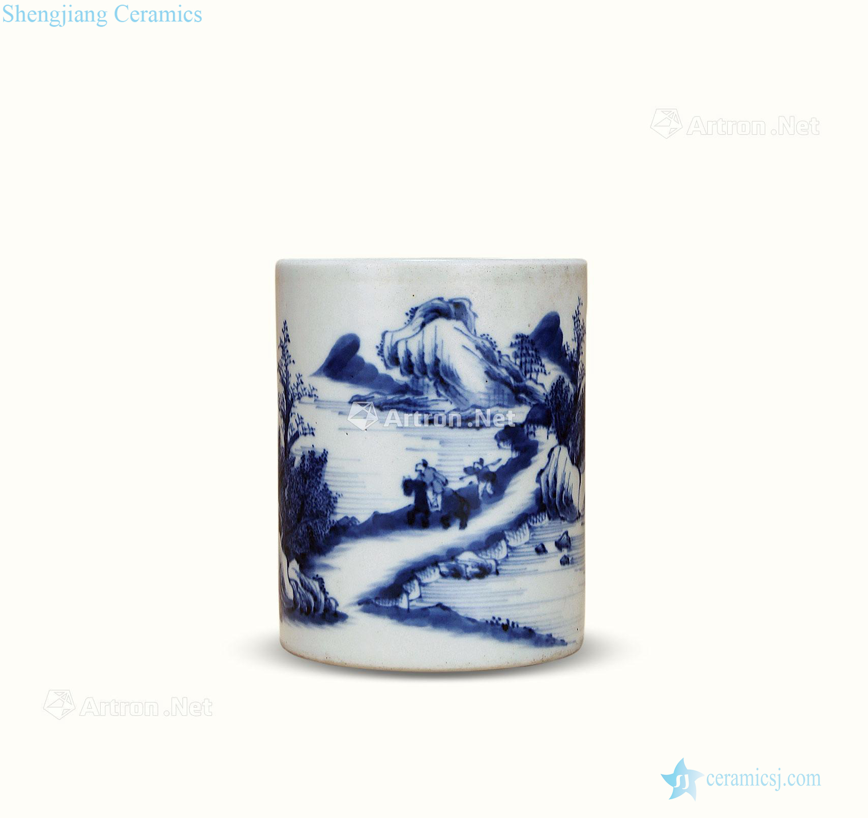 Qing qianlong Blue and white landscape character brush pot