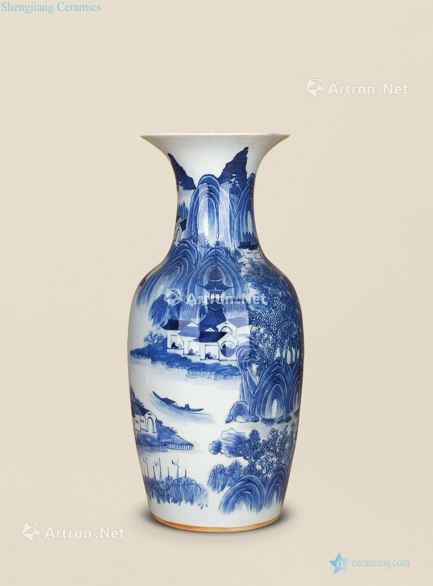 Qing qianlong Blue and white tengwang pavilion landscape mouth bottle