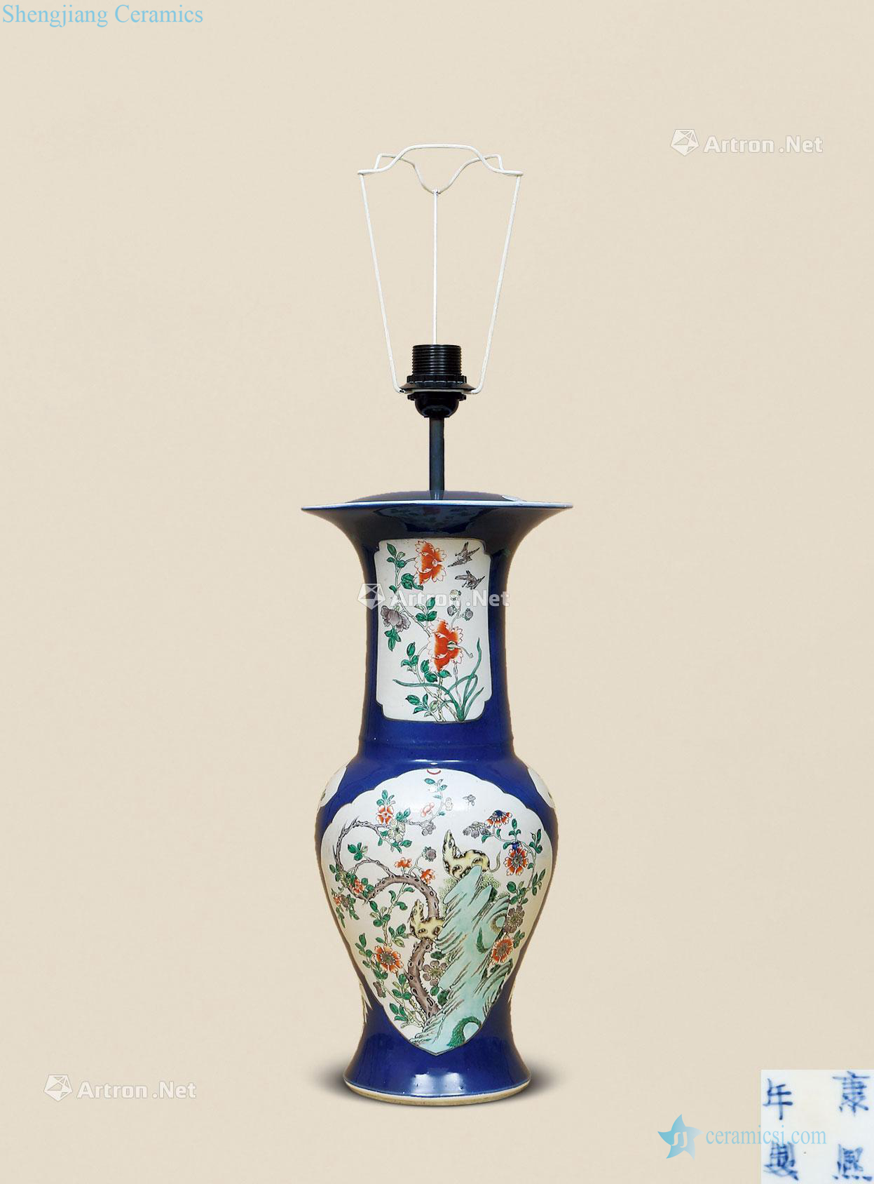 Qing guangxu Sprinkle the blue medallion grain flower vase with colorful painting of flowers and birds