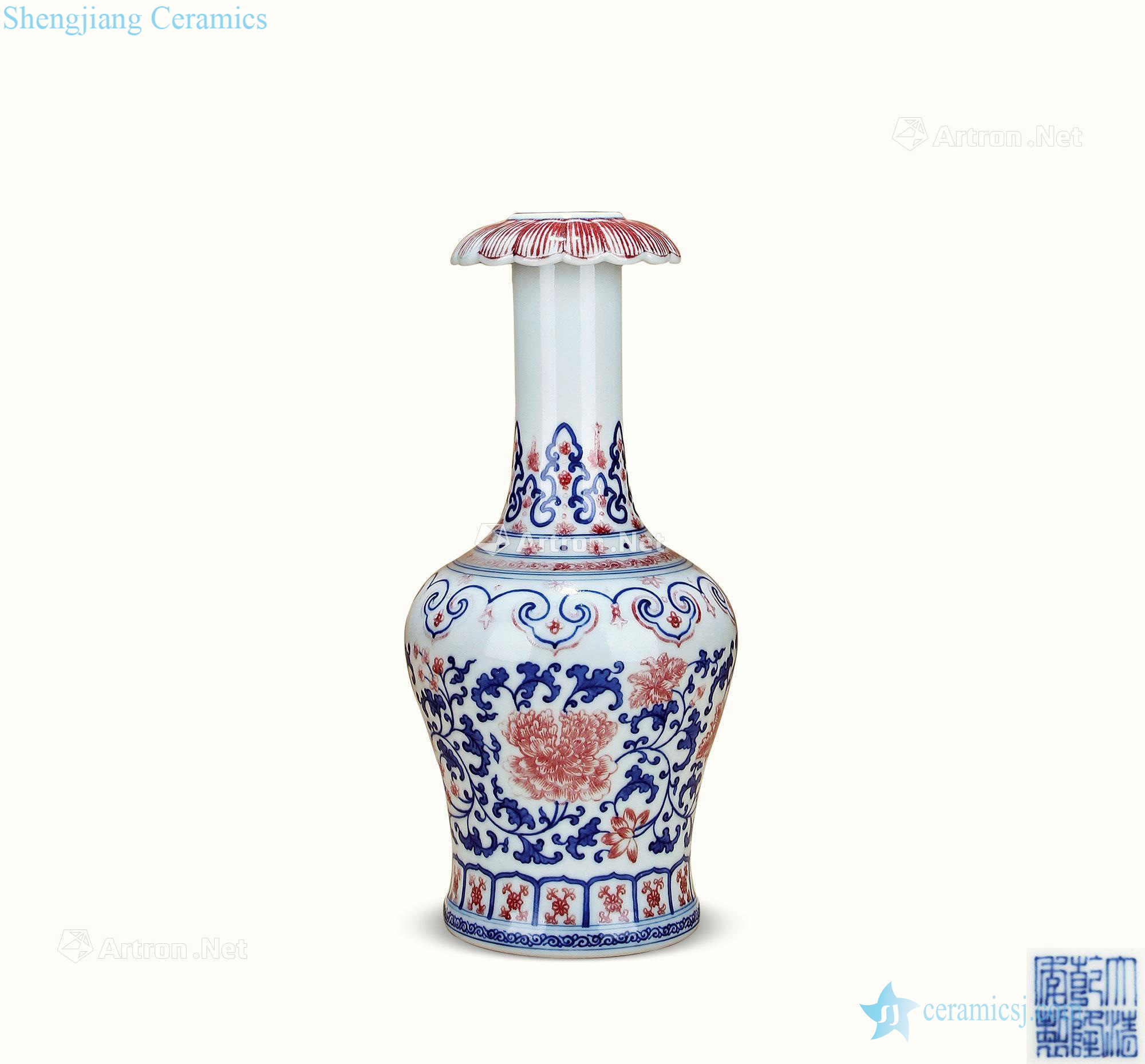 Qing qianlong Blue and white flower grain flower bottle mouth youligong tangled branches